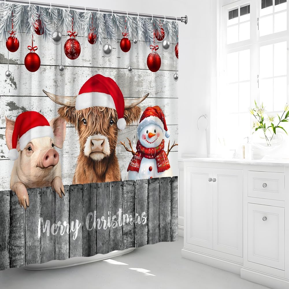Christmas Shower Curtain Snowman Highland Cow Pig Farmhouse Cattle Red Xmas Ball Funny Animal Wood Board Rustic Pine Branch Winter Holiday Boy Girl Bathroom Accessories with Hook 70Wx90H Inch