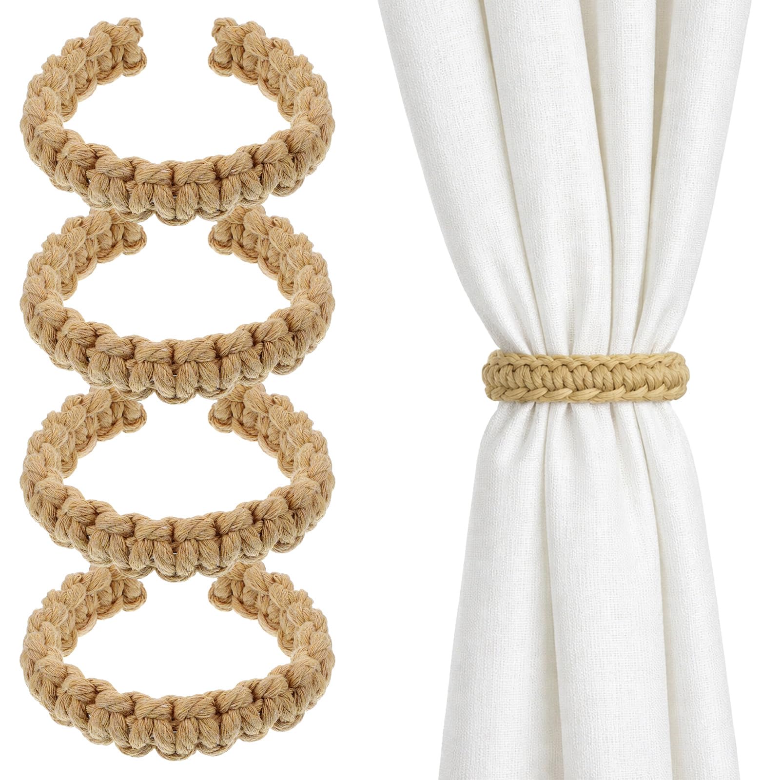 4PCS Braided Curtain Tiebacks, Boho Curtain Tiebacks, Elegant Rustic Curtains Tie Backs, Curtains Holdback for Bedroom, Living Room, Home and Offices (Linen)