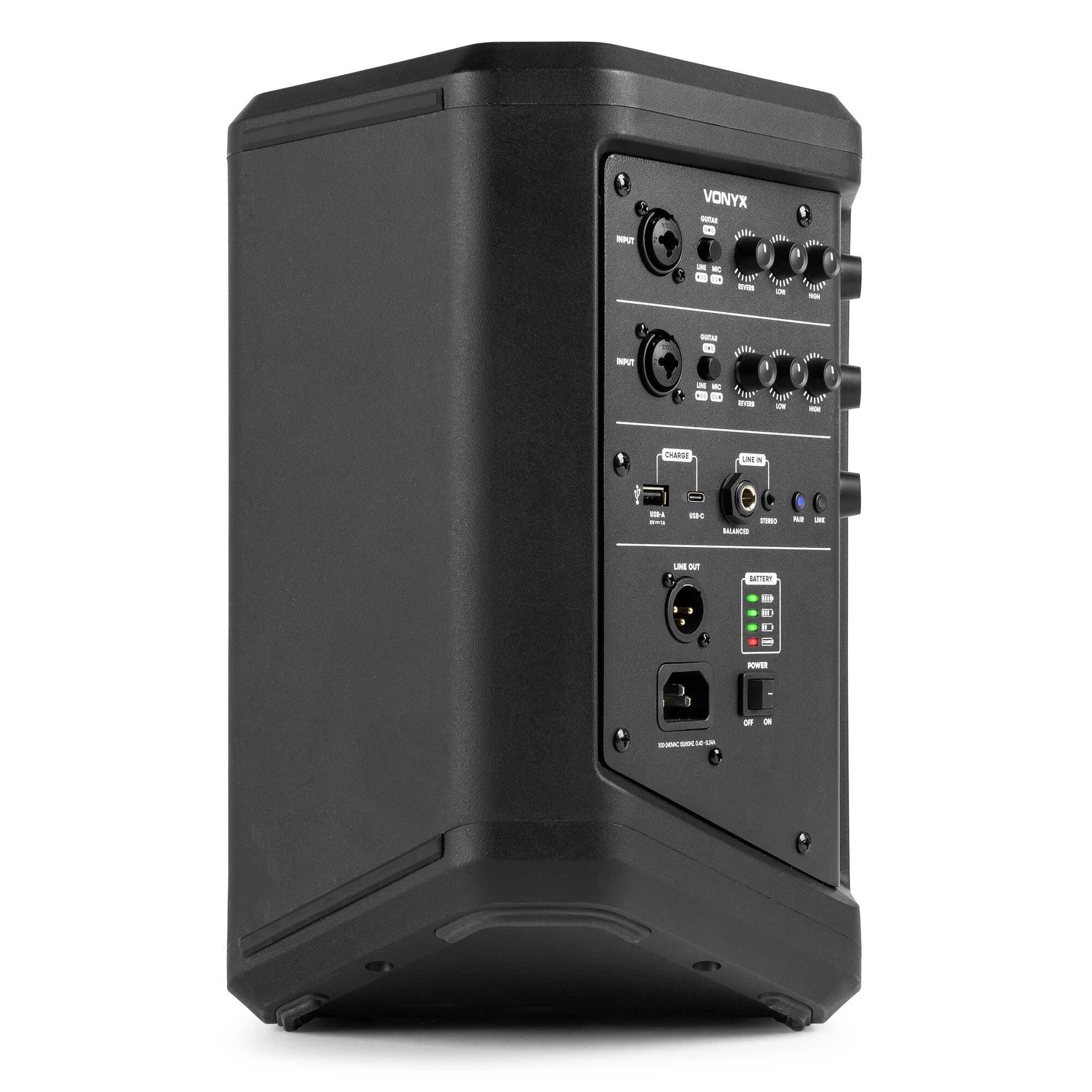 Vonyx PRO X1A - Akku Partybox Bluetooth Lautsprecher Groß, 2er Set inkl. Stativ, 250 Watt, 22 Std. Akku, AUX & Line, Mobile PA Anlage, 3-Kanal Mixer, Stereo Pairing - Mobile Musikbox Groß, USB & MP3