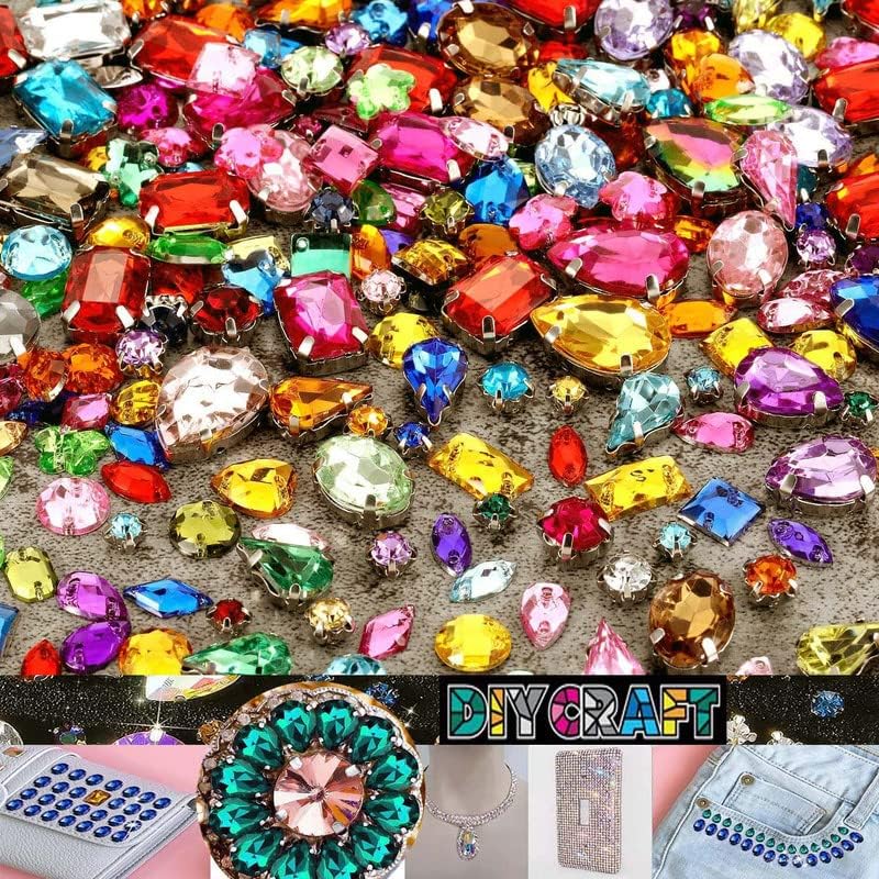 DIY Crafts 20 Pcs, Random Colour, Sew on Rhinestone Glass Crystals Acrylic Gems with Hole Silver Prong Setting Flatback Claw Mix Shape Mix Size for DIY Crafts Dress Clothe(20 Pcs, Random Colour)