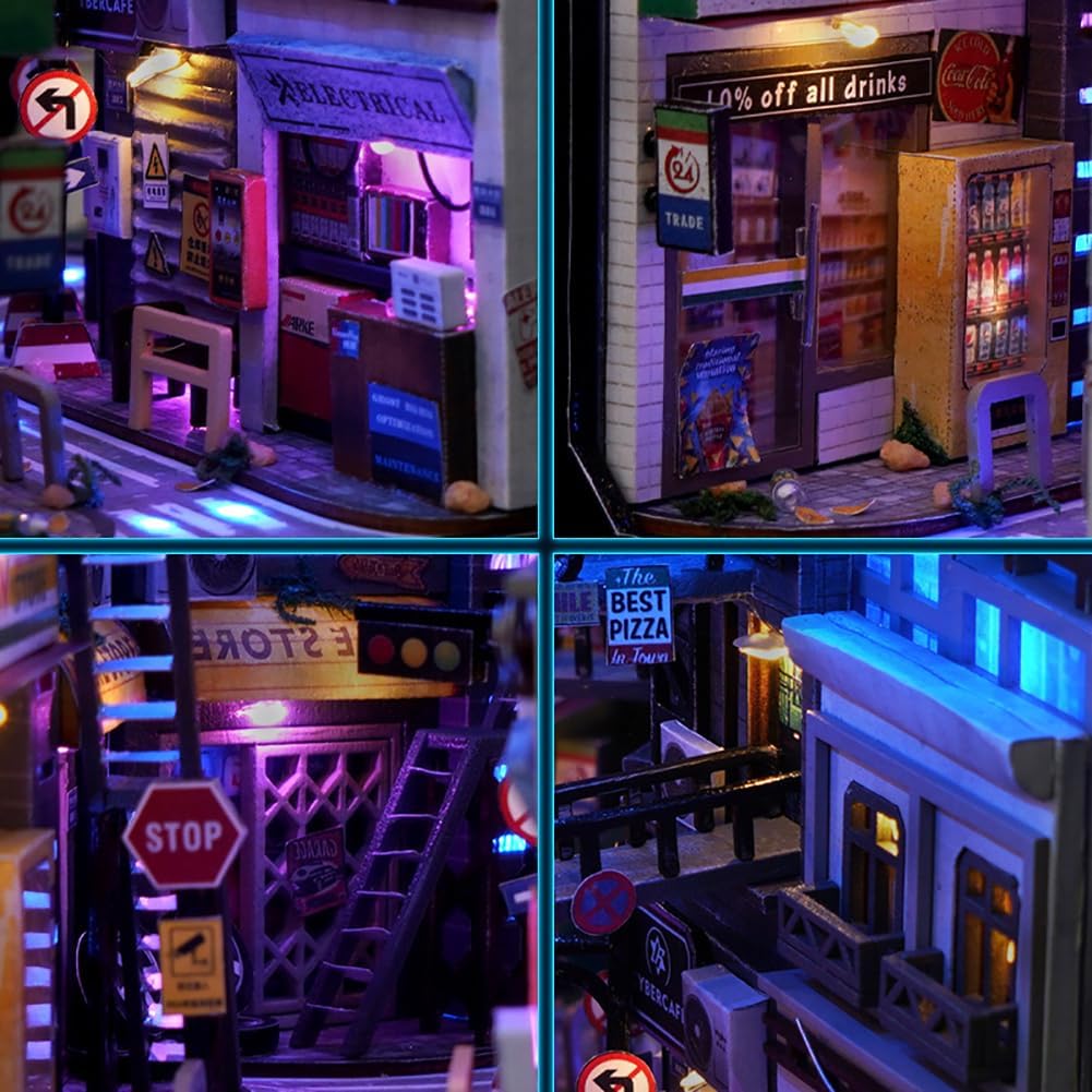 DIY Dollhouse Booknook Bookshelf Insert Decor,DIY Book Nook Kit, 3D Wooden Puzzle with LED Lighting Book Nook Bookshelf Insert Wood Bookend Model Building