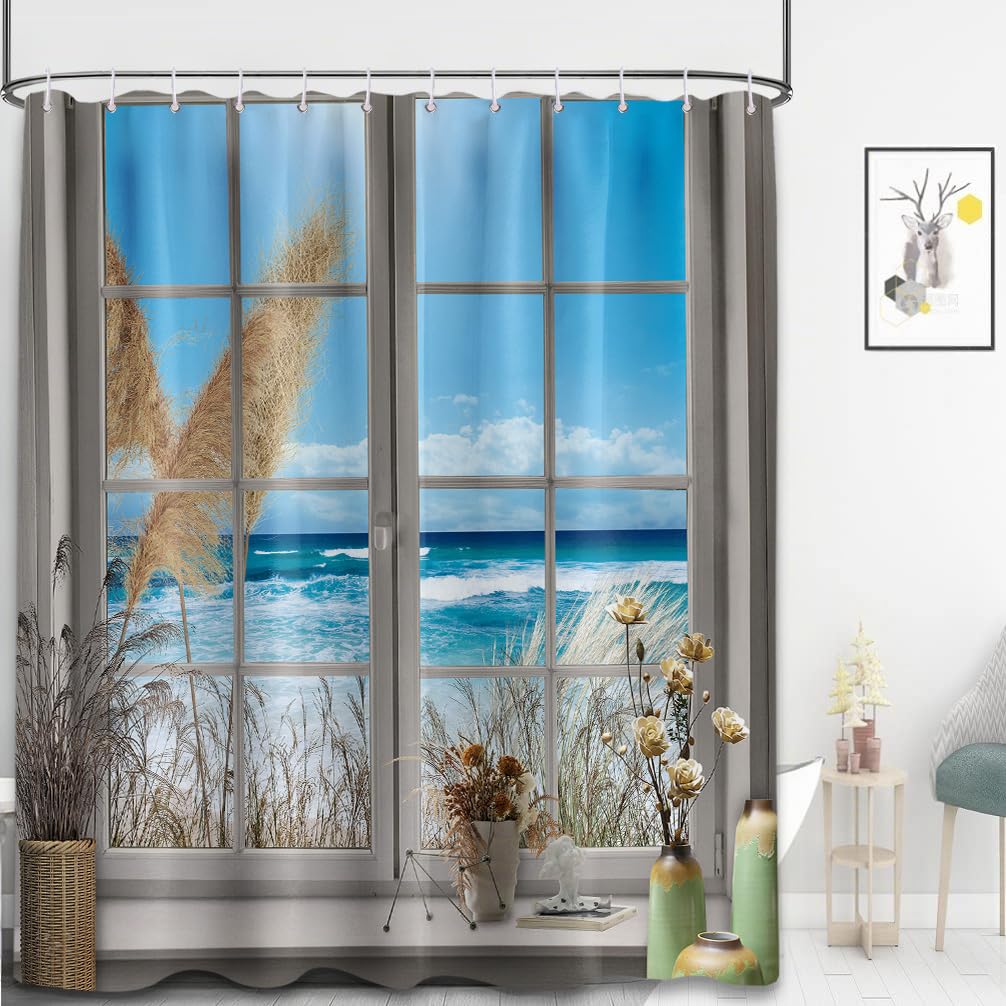 Yieldeer Beach Shower Curtain Coastal Ocean Sea Bathroom Decor Scenic Bath Curtain, Waterproof Cloth Fabric with Hooks, 70 x 72 inch