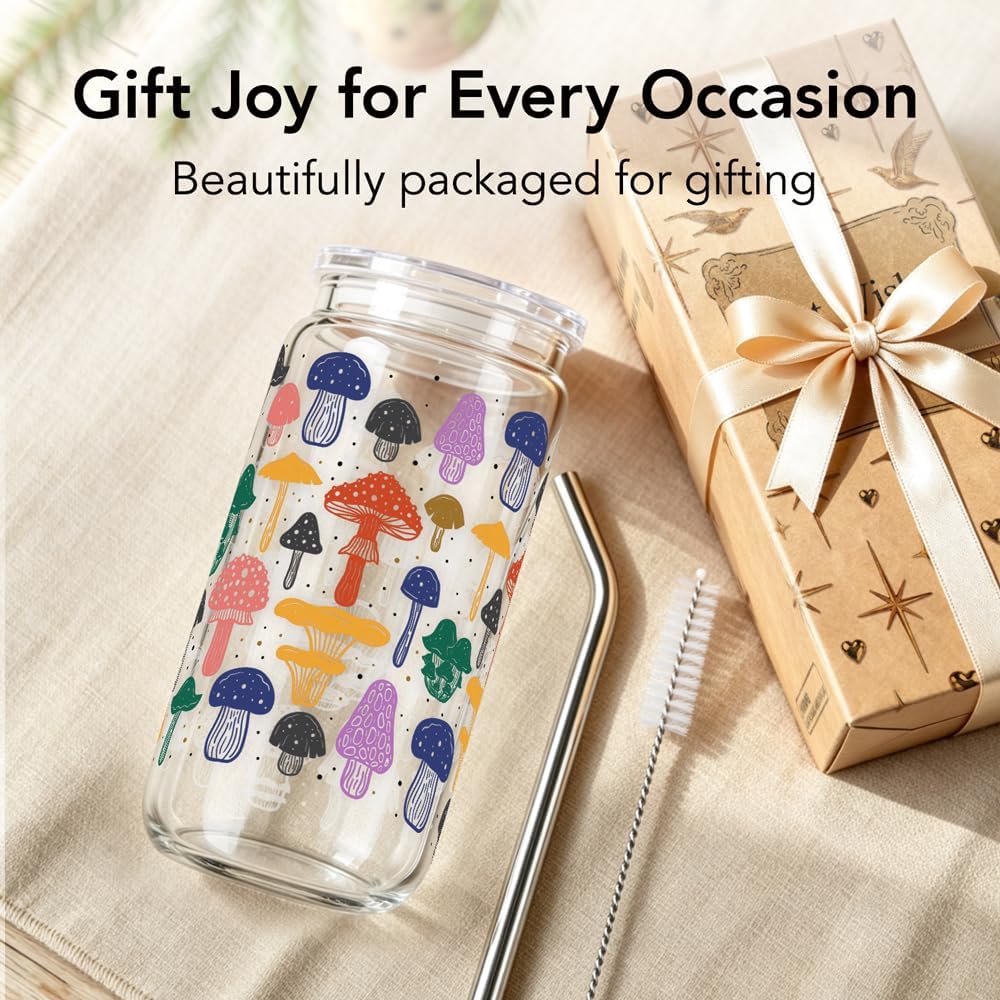 Funny Mushroom Glass Cup with Lid & Straw, Art Cups Gifts for Women Teacher