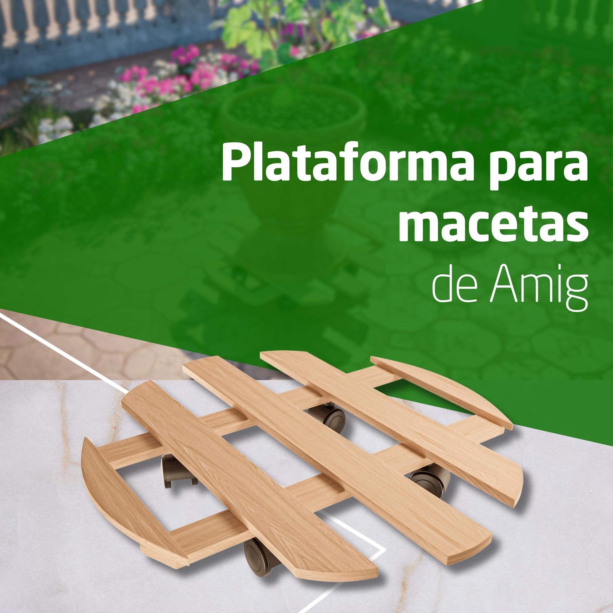 Amig Plataforma De Carga Con Ruedas – Soporte Rodante Redondo De Madera De Pino (Ø35 Cm) – 80 Kg Máx., 4 Ruedas De Polipropileno – Certificado FSC – Natural