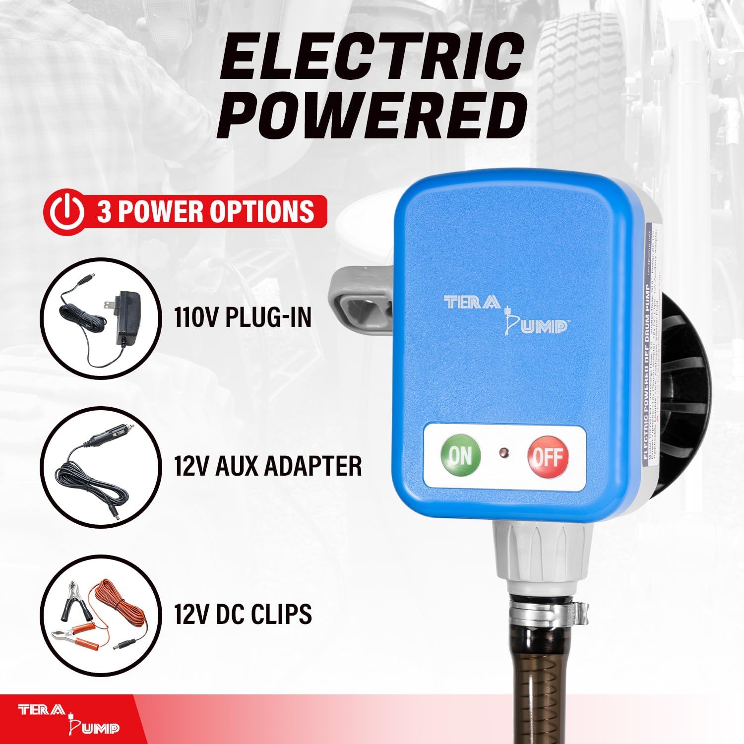 TERA PUMP - Large Automatic Electric Powered DEF Drum Pump with Flow Control Handle Nozzle for DEF, Antifreeze, Washer Fluid - 2.4 GPM Transfer Rate w/ 9.8ft Vinyl Hose and Screw On Bung Adapter