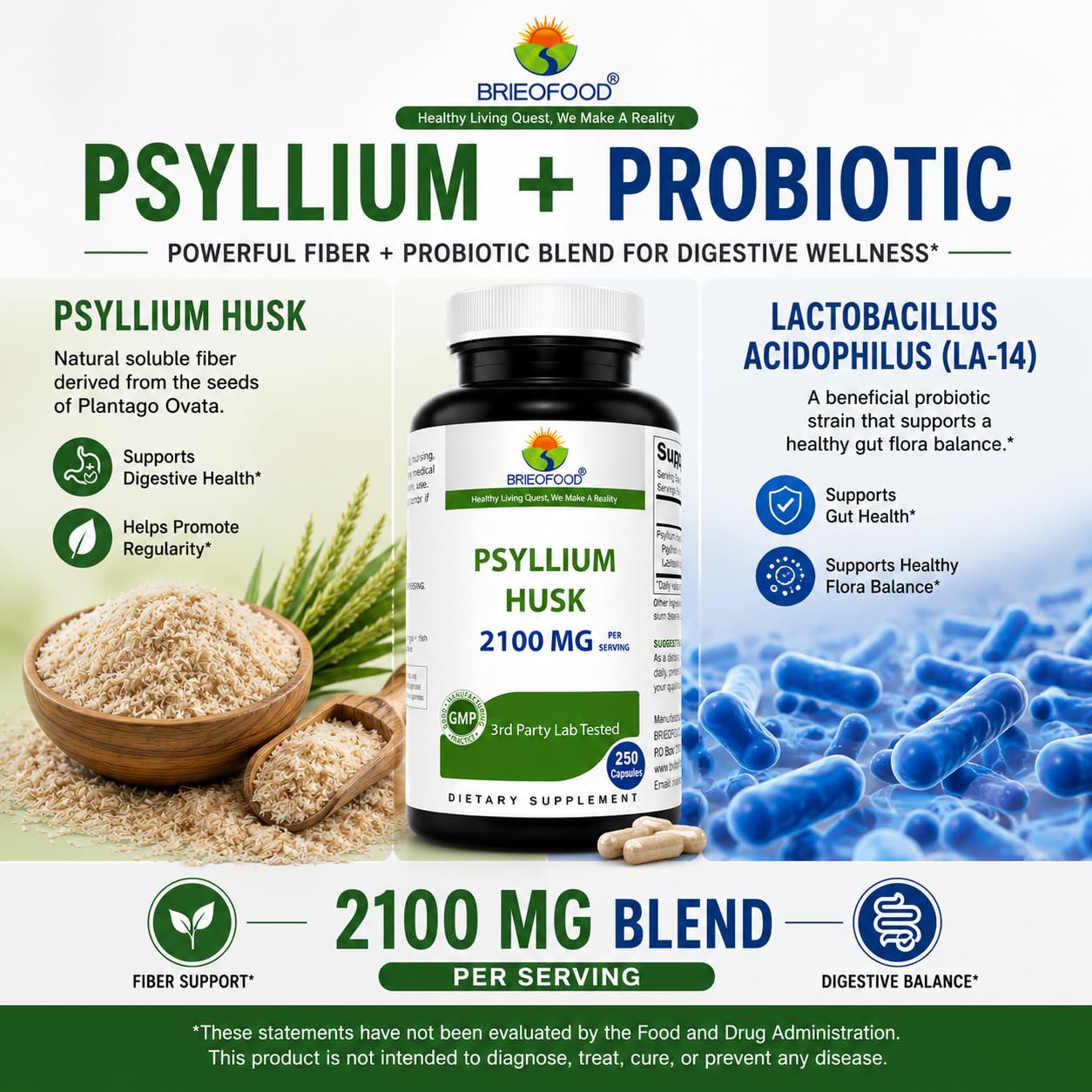Brieofood Psyllium Husk Fiber Supplement with Lactobaciilus Acidophillus (La-14) - 2100mg per Serving - 250 Capsules - Helps Support Digestion, INTESTINAL Health & Regularity — Amazon image 4