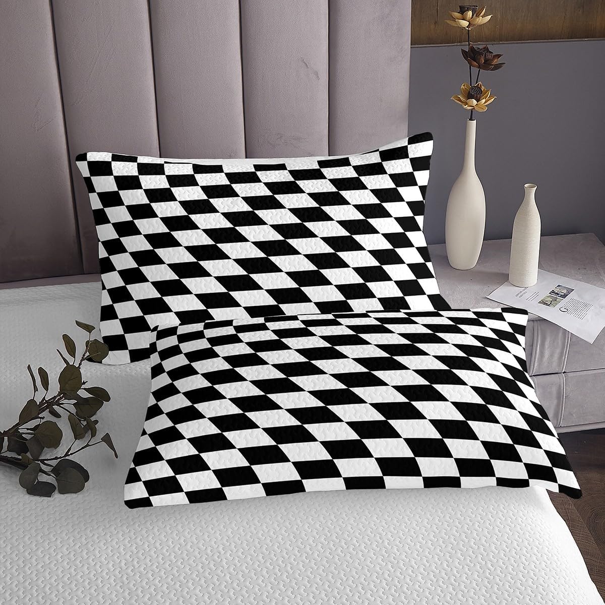 Erosebridal Black White Checkered Bedspread Sets Queen Size Modern Abstract Plaid Coverlet Set for Kids Teens Adults Grid Bed Set Vintage Retro Grid Checkered Plaid Bedding Set
