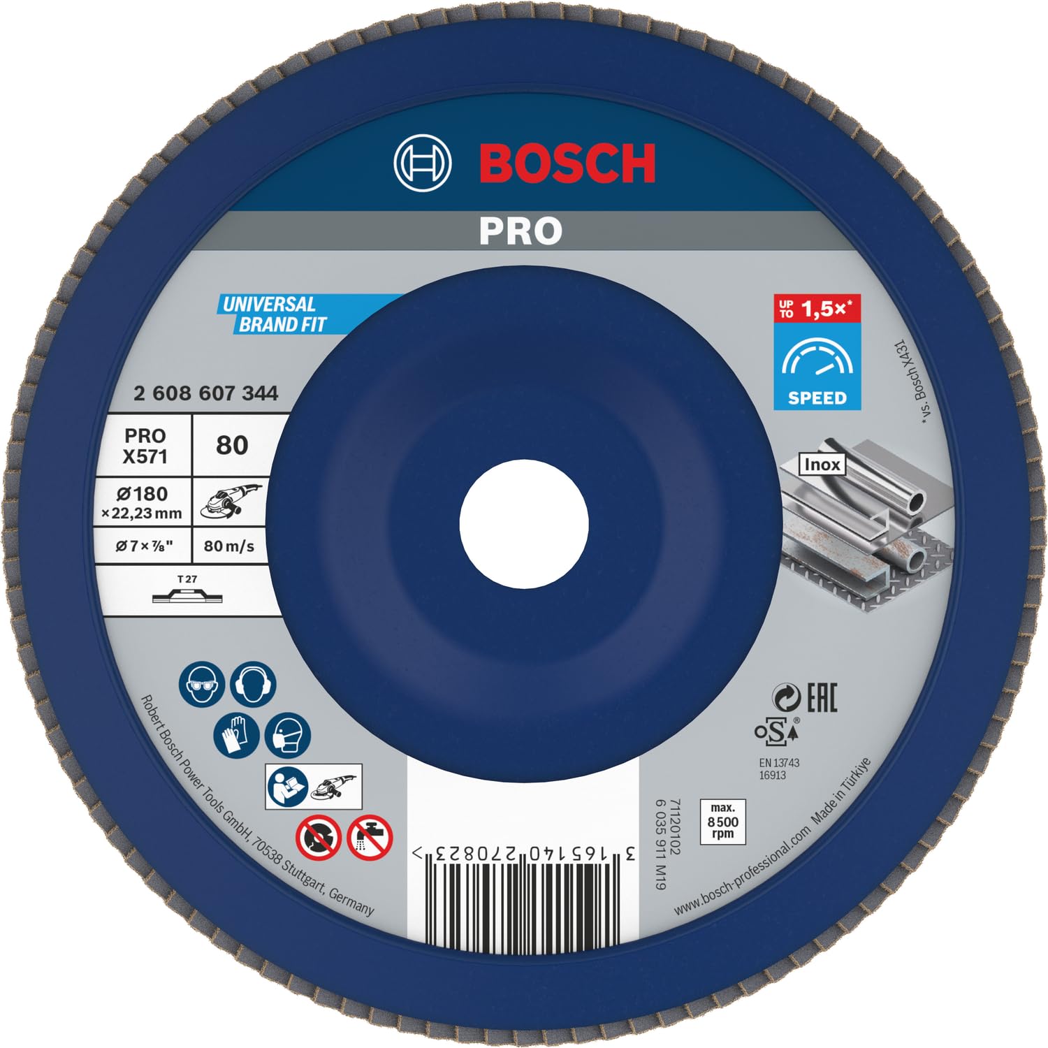 Bosch 1x Disco lamellare PRO X571 grandi, versione diritta, in plastica (per Acciaio, Acciaio inossidabile, Ø 180 mm, Grano 80, Professional Accessorio Smerigliatrice angolare grande)