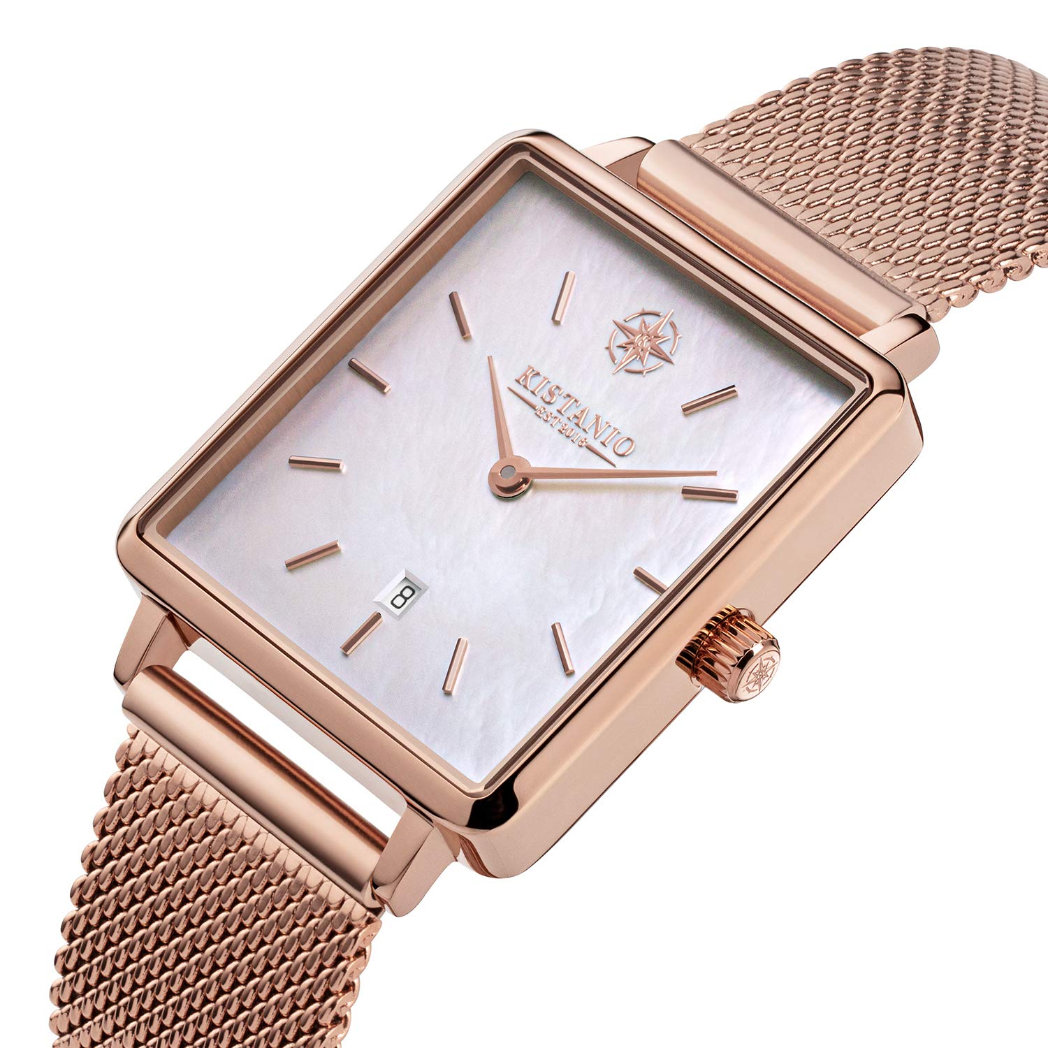 Carre - Reloj plano para mujer con correa milanesa y cristal de zafiro, 26 x 28 mm, diámetro de acero inoxidable, fecha en diferentes variantes, oro rosa/nácar, Pulsera