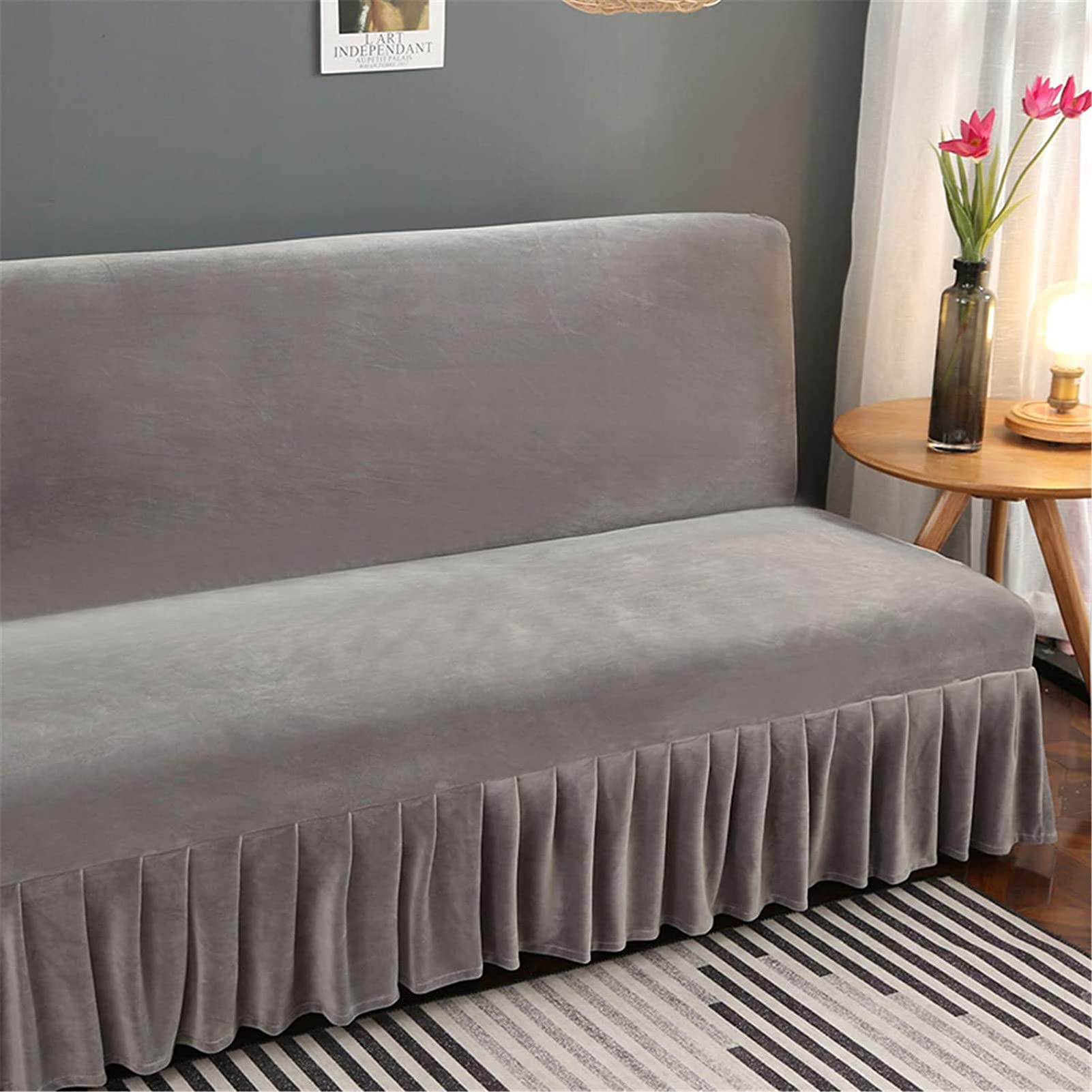 Elegante funda de futón de terciopelo gris claro con falda de volantes, funda elástica sin brazos, versátil, protector de sofá, resistente a la piel, para decoración moderna del hogar