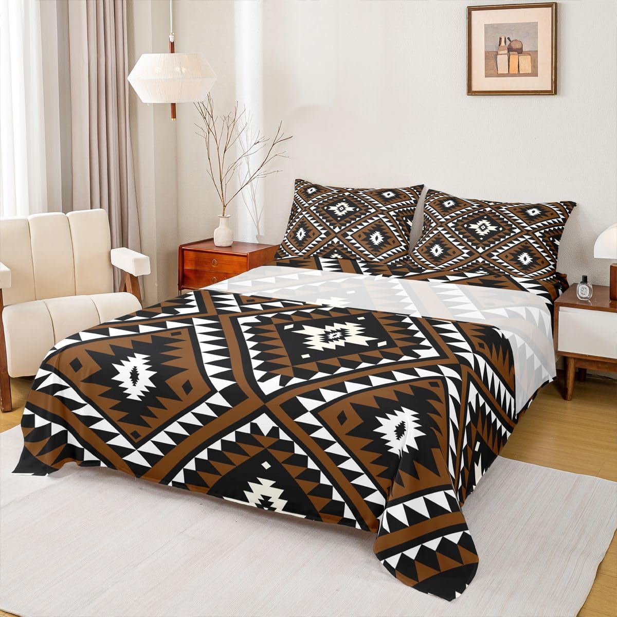 Rustic Western Queen Bed Sheets For Men,Southwestern Aztec Sheet Set Bohemian Bedding Set Ethnic Mexican Style Geometric Diamond Farmhouse Fitted Sheet Brown Black White Flat Sheet 2 Pillow Cases
