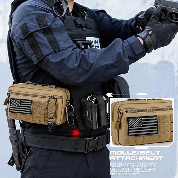 Tactical Molle Pouch,EDC Tool Pouch with Belt and D Ring US Flag Patch Keychain Utility Laser Cut
