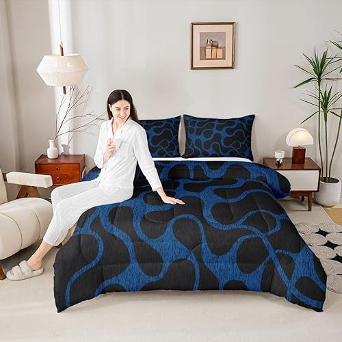 Miniatura 5 de Juego de ropa de cama geométrica azul y negro para niños, niñas, adolescentes, niños, decoración moderna con patrón abstracto, juego de edredón de