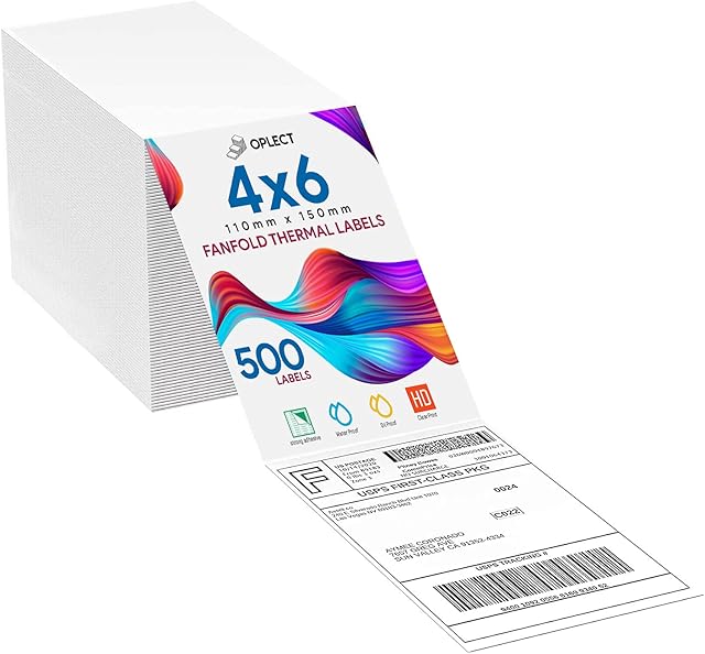 Oplect | Packs of 500 - 4x6 Inch Direct Thermal Printer Labels (Fanfold) | White, Permanent Adhesive, for Shipping & Labelling | Compatible with All couriers | 100mm x 150mm (Pack of 1 (500 Labels))