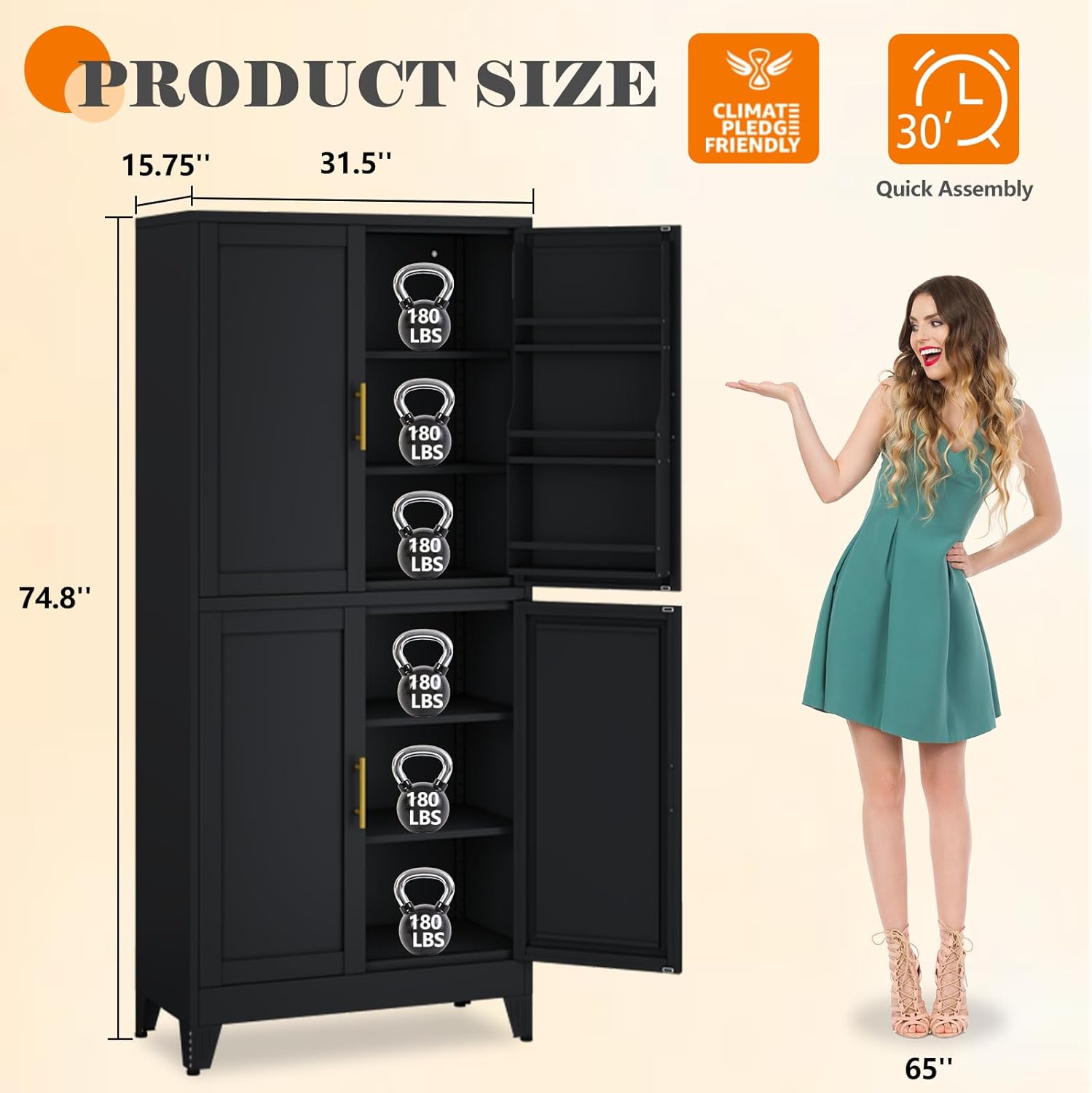 Diagram showing the dimensions of the GAIOUS 74.8 inch Tall Metal Food Cabinet