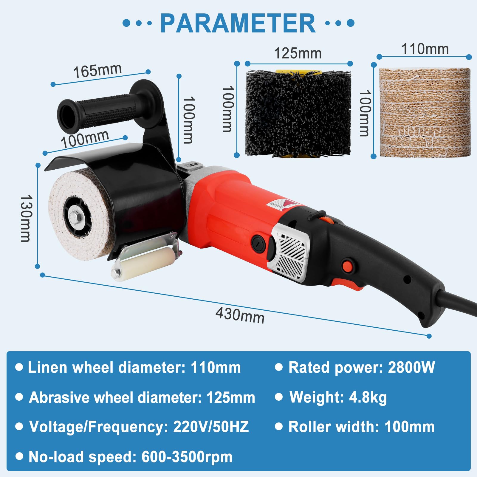 2800W Elettrica Lucidatrice per Trafilatura 8 Velocità regolabile Spazzolatrice Legno Smerigliatrice a Rulli Elettrica Smerigliatrice per rasatura con 1 * ruota filo abrasivo e 1 * ruota di lino (eu）