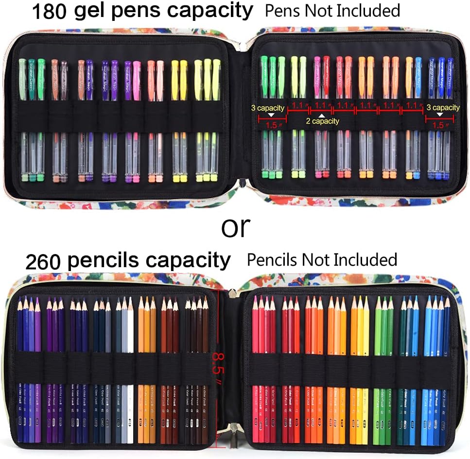Pencil Case Holder Slot - Holds 260 Colored Pencils or 180 Gel Pens with Zipper Closure - Large Capacity Polyester Pen Organizer for Watercolor Pens or Markers - Perfect for Artist Color Ink Dots