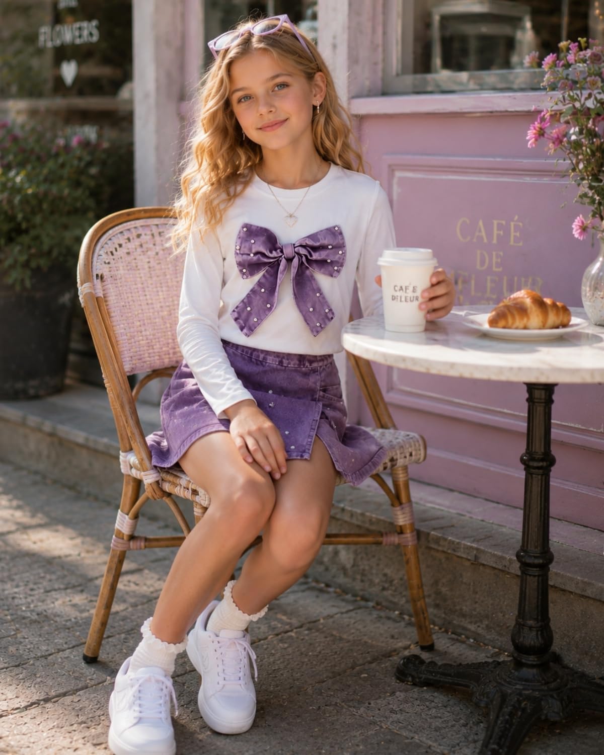 Size 6-14 Years Girls Fall Clothes Long Sleeve Bow Print T-Shirt + Denim Short Skirt Tween Girls Outfits Set