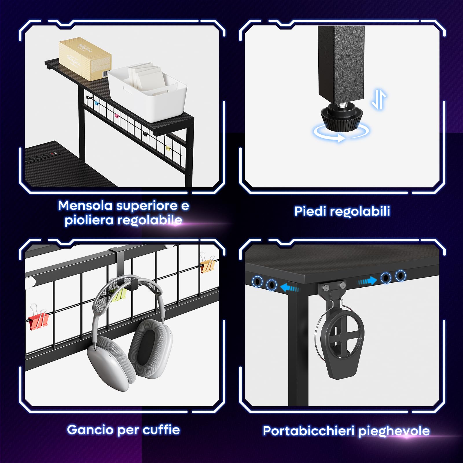Bestier Scrivania a L con prese di corrente e luci LED Scrivania angolare compatta con ripiani Scrivania per computer reversibile con ganci per la camera da letto dell'ufficio domestico 106,5CM