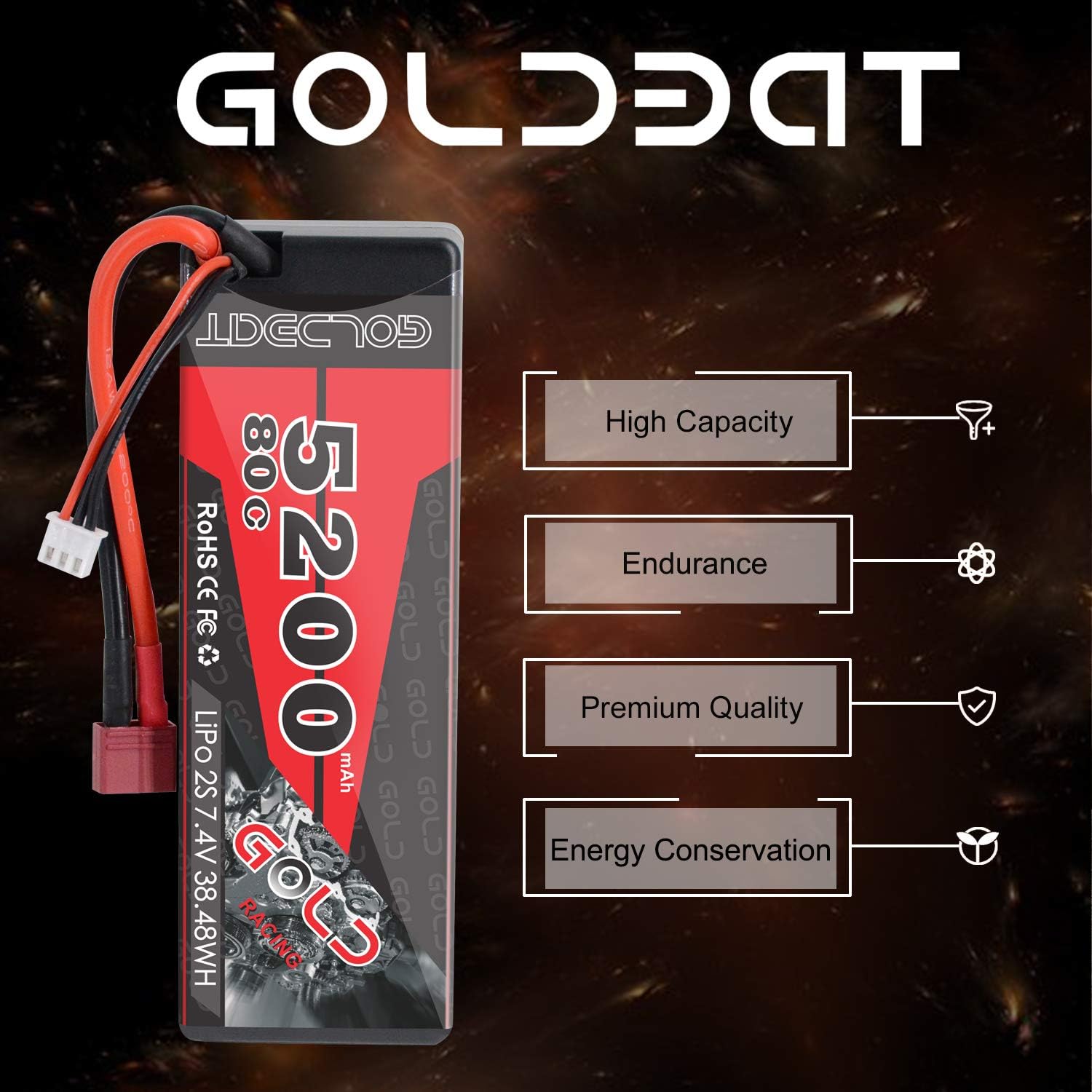 GOLDBAT 5200mAh 80C 2S 7.4V RC LiPo Battery Hard Case with T Plug for RC Evader BX Car RC Truck RC Truggy Racing (2 Packs)