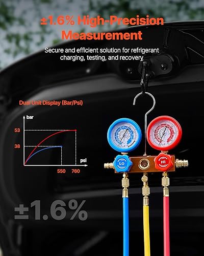 Miniatura 5 de VEVOR Juego de bomba de vacío y medidor de CA de 4.5 CFM, bomba de vacío de aire HVAC de paleta rotativa de una etapa, kit de manómetro refrigerante