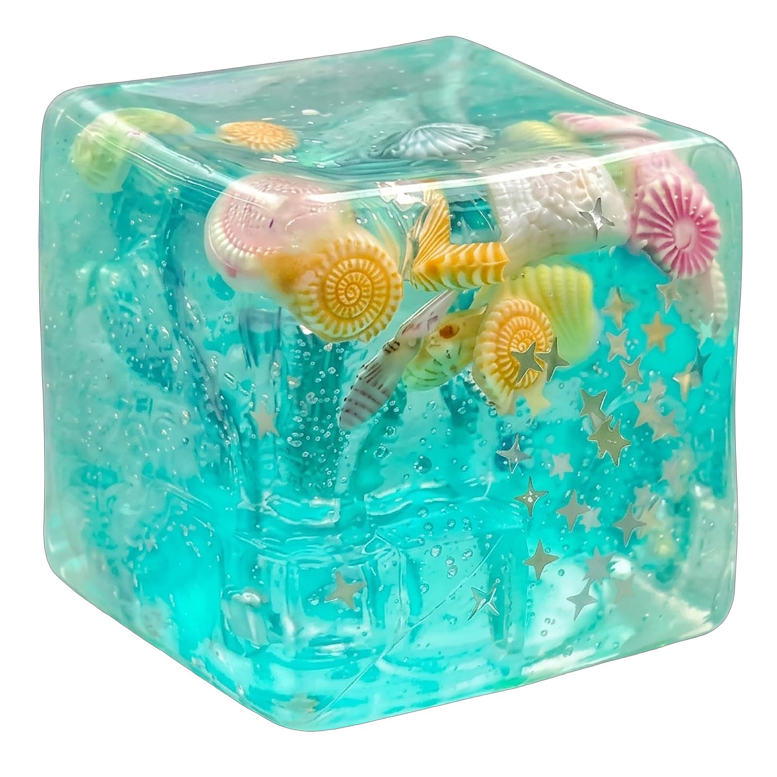 Ice Cube Stress Ball, Desktop Relaxation Ornament, Squishy Cube with Ocean Shells, 5 cm Handheld Decor for Focus and Stress Relief
