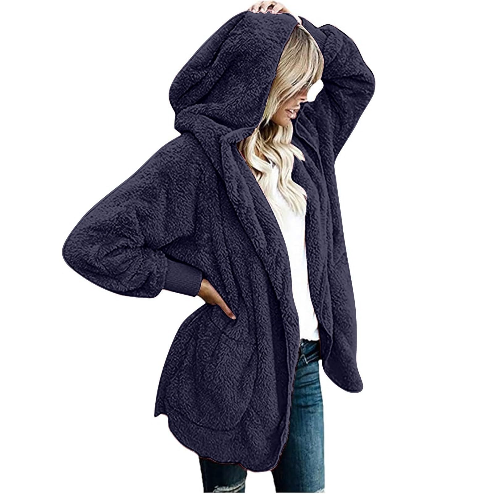 Womens Cardigan 2025 Fall Winter Warm Oversized Open Front Cozy Fleece Hooded Draped Pockets Sherpa Jacket Coats