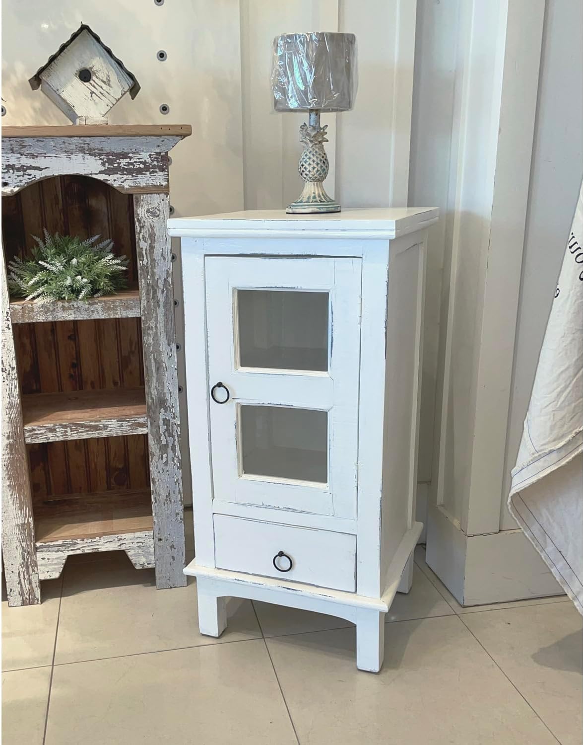 HomeStock One Door End Table Solid Wood Nightstand - Fully Assembled Distressed White Accent Table