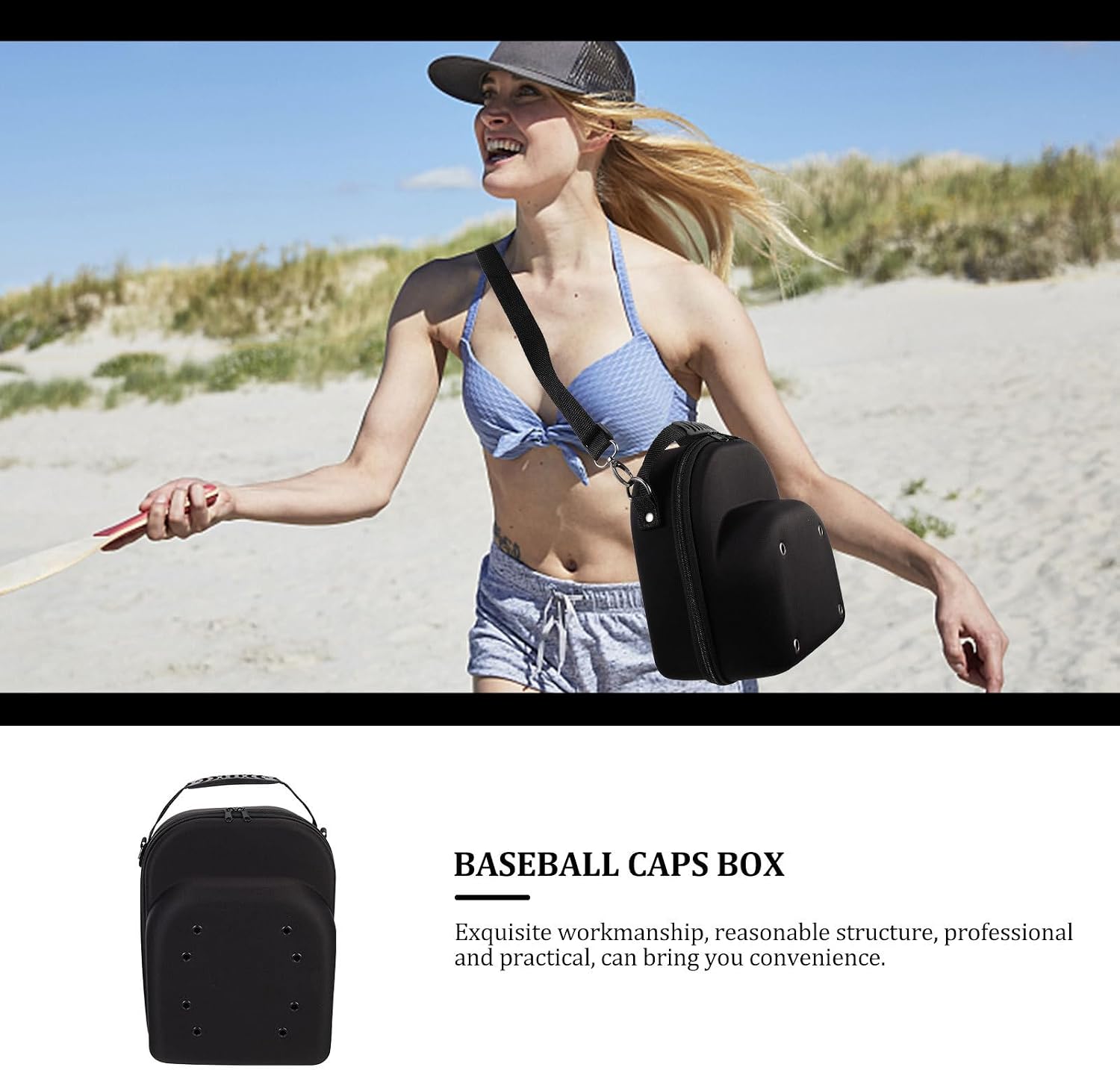Wakauto Hard Eva Baseball Hat Storage Box Carrier Case with Lid, Travel Caps Organizer for Men and Women, Portable Black Protective Hat Storage Holder for Home and Outdoor Use