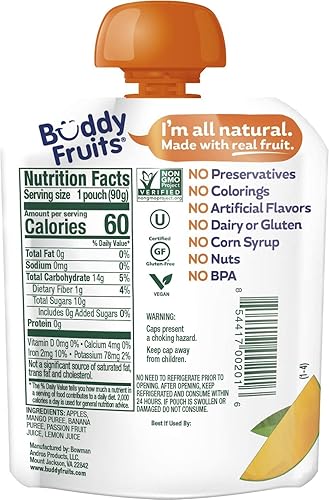 Miniatura 2 de Buddy Fruits Snacks To Go Puré de manzana sin azúcar de mango sin azúcar, bolsa de 3.2 onzas (18 unidades) sin gluten, frutos secos, conservantes