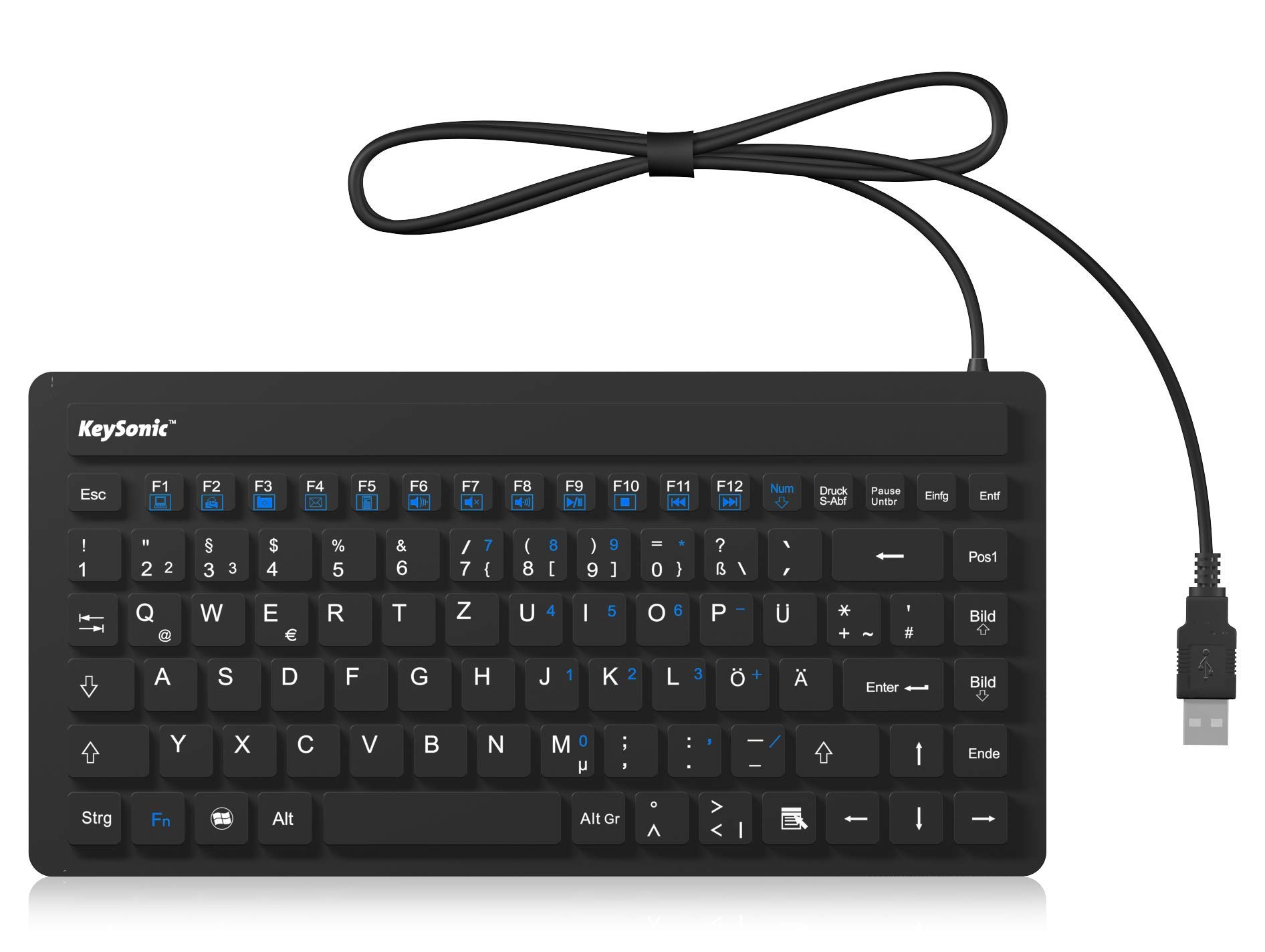 KeySonic KSK-3230IN (DE) Wasser-/Staubdichte Mini-Tastatur (USB-kabelgebunden) aus Silikon mit 12 Funktionstasten (schwarz)