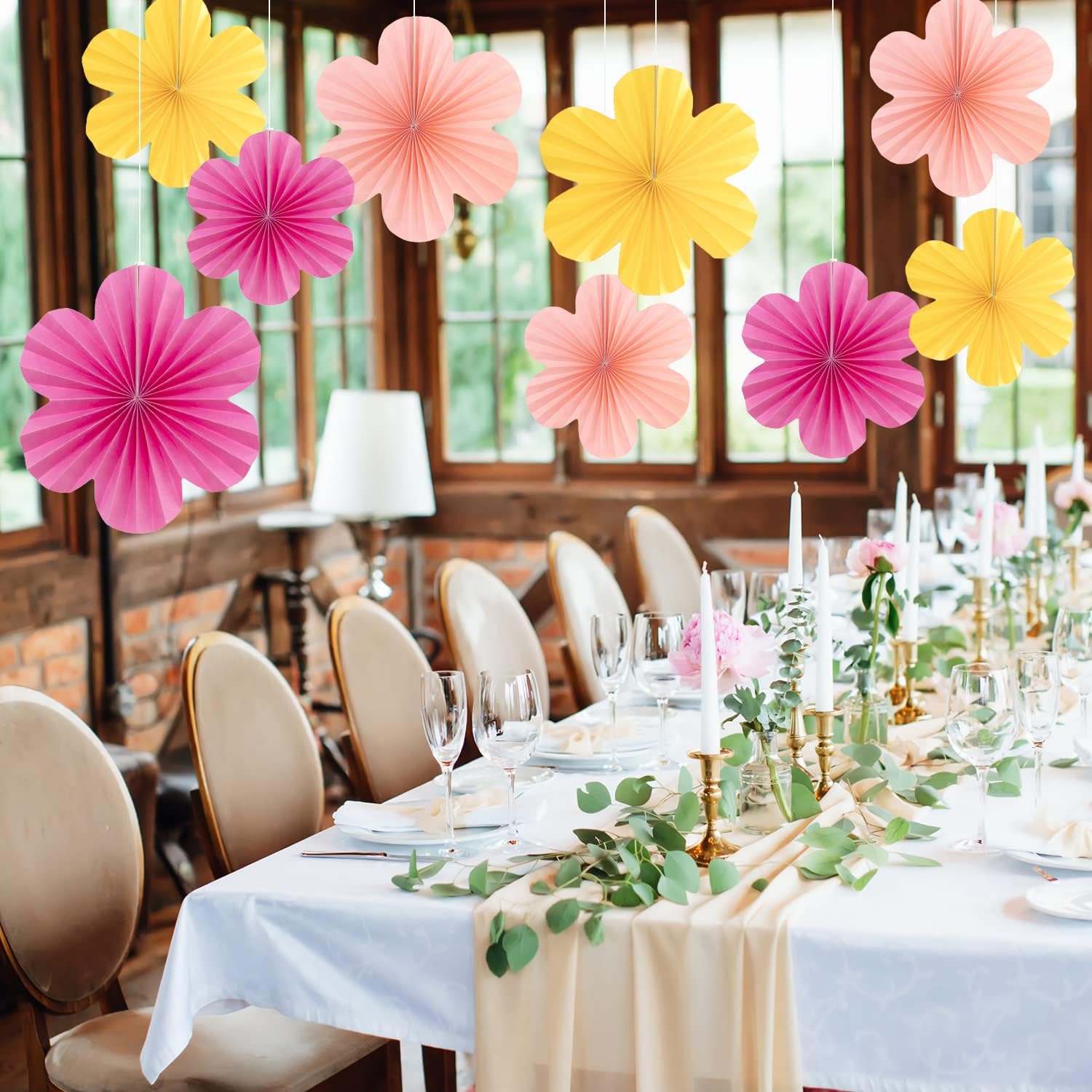 Flower Party Decorations, Pink Yellow Hanging Paper Fans, Pink Paper Flowers Decorations for Wall, Classroom Floral Backdrop Decor