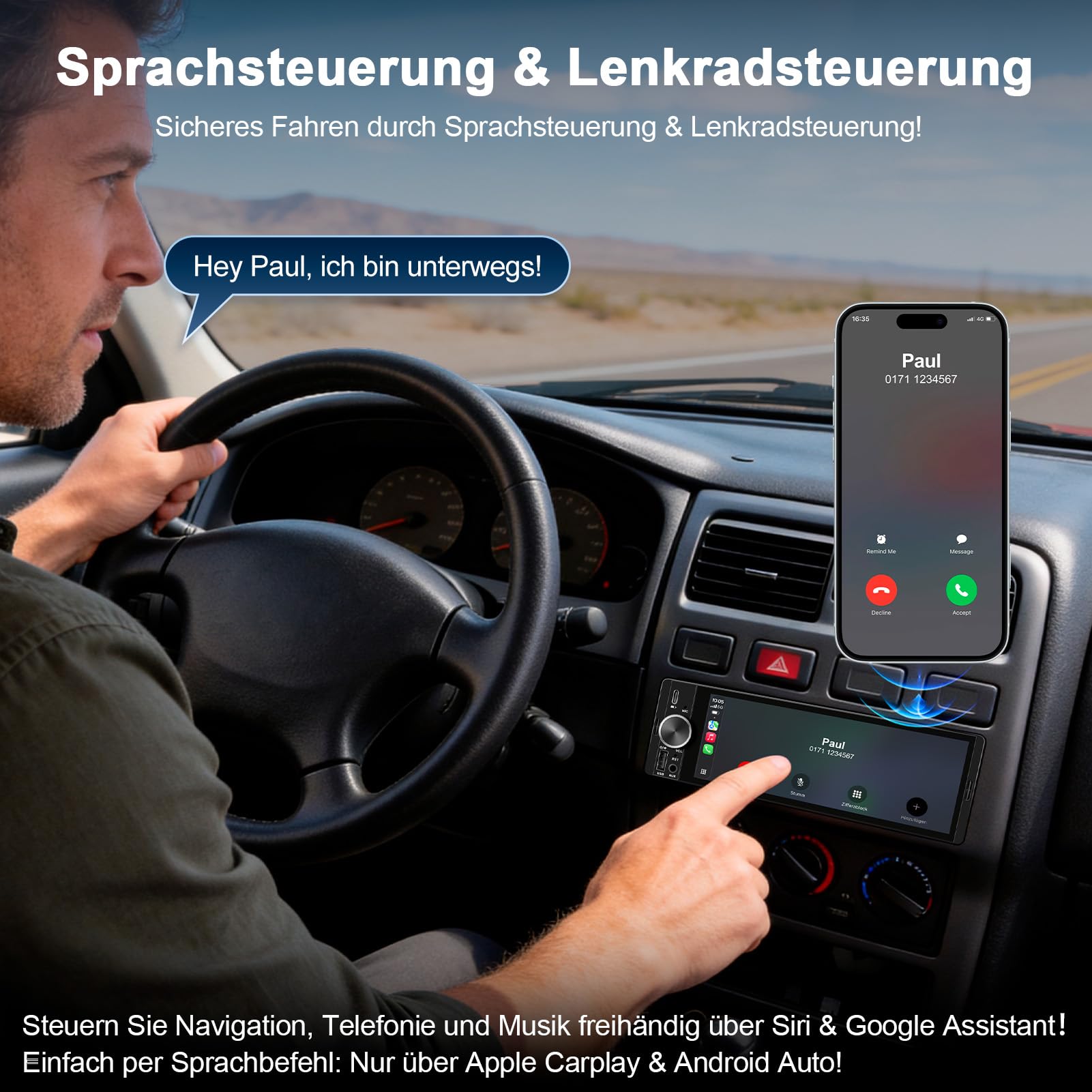 1 DIN Bluetooth Autoradio mit Bildschirm, Single DIN Auto Radio mit Wireless Apple CarPlay Android Auto Navi Rückfahrkamera FM Freisprecheinrichtung Lenkradsteuerung Mirror Link 6,9”Touch Display