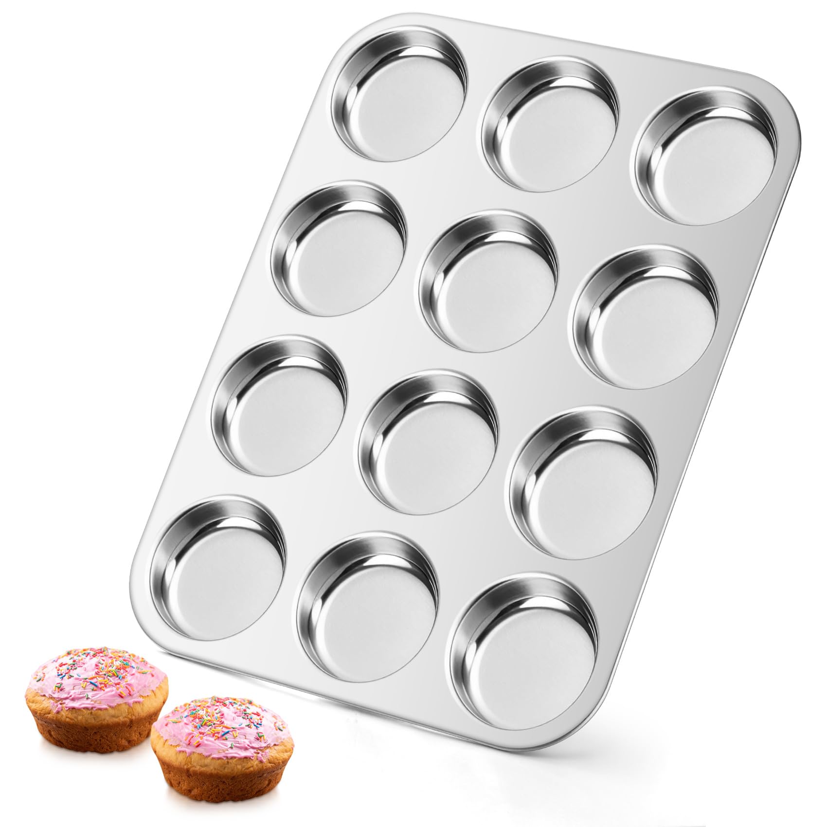 Onader Muffin Tin 12 Cup, Stainless Steel Shallow Yorkshire Pudding Tray, Great for Baking Mince Pie, Brownies, Egg Tart and Biscuit, Non-Toxic & Heavy Duty, Oven & Dishwasher Safe — image 1
