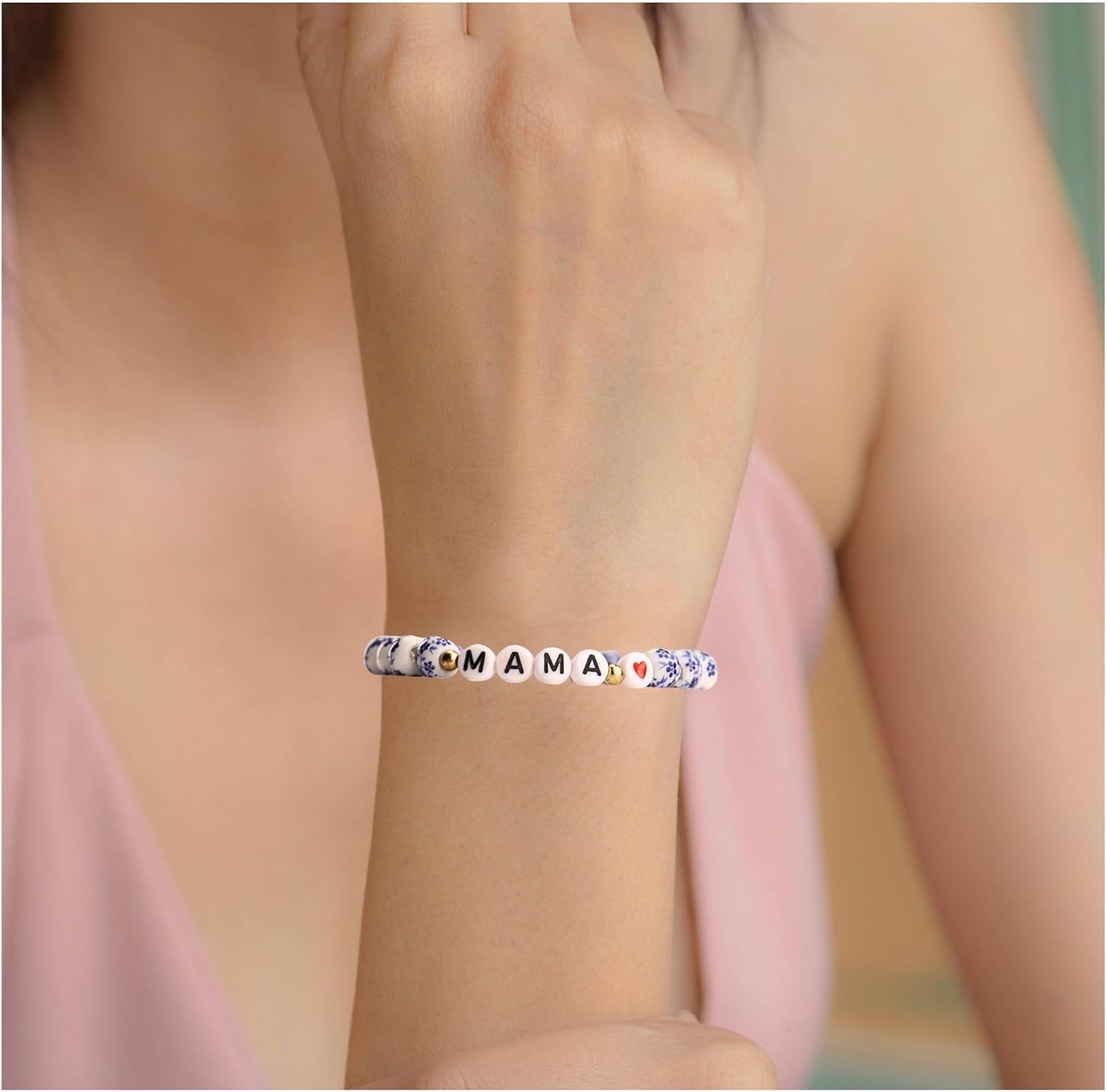 Blue And White Porcelain Bracelet For Mom Daughter, Chinoiserie Bohemian Vintage Floral Jewelry, Mothers Day Gifts, Stretch Bracelets for Women MAMA GIGI NANA Grandma - Image 6