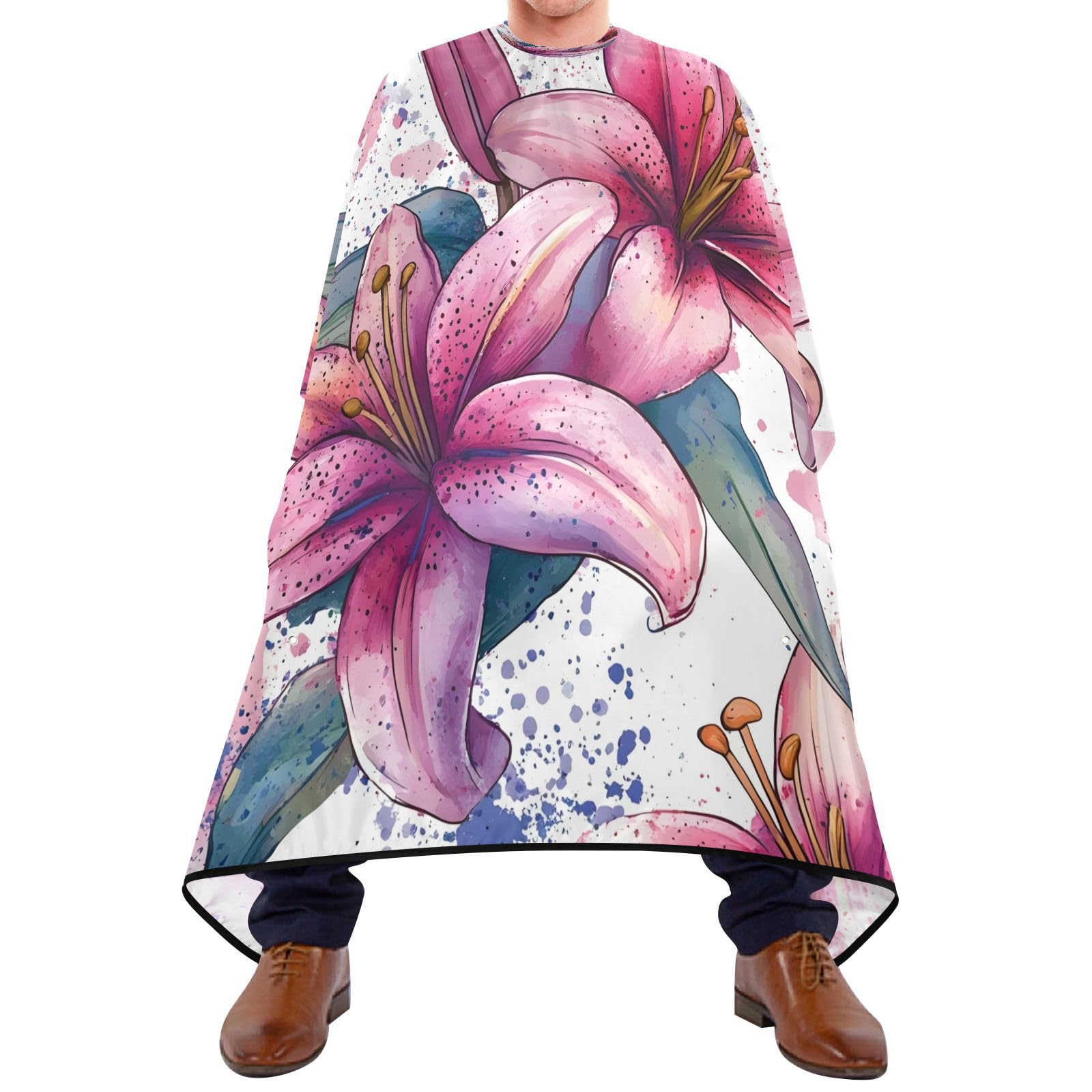 BOESI Watercolor Lily Pattern Barber Shawl, Waterproof Haircut Shawl, Haircut Salon Apron, Shaving Bib, 55 x 65 inches