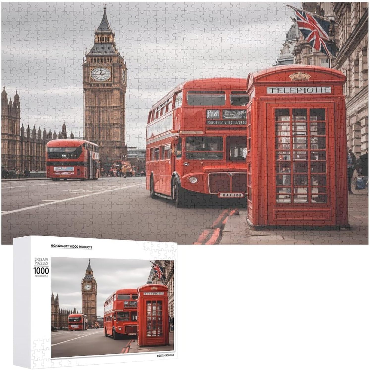 Red Bus London Union Jack Puzzles for Adults 1000 PCS Wooden Jigsaw Puzzle Wall Decor Christmas