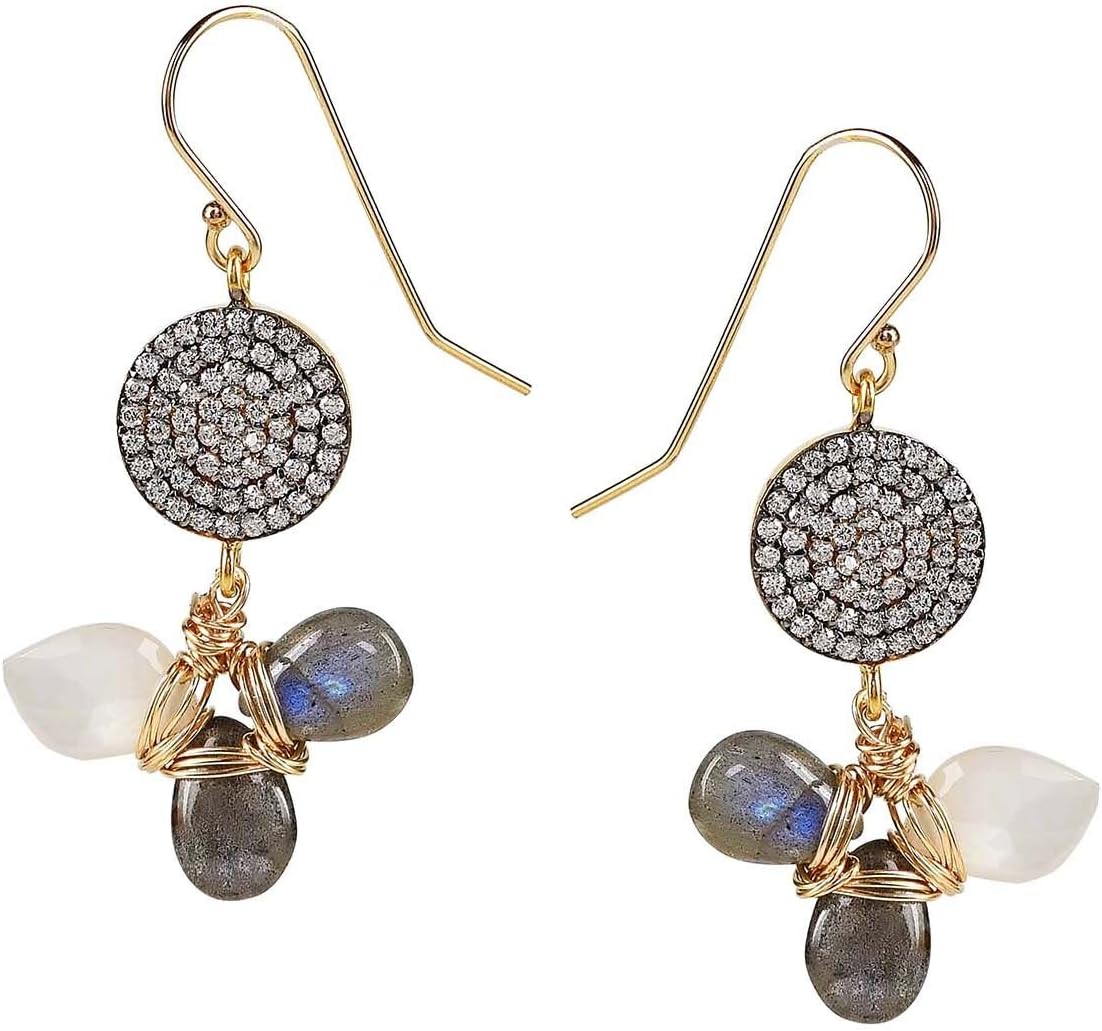 Labradorite and Moonstone CZ Pave Diamond Dangle Earrings, Gold
