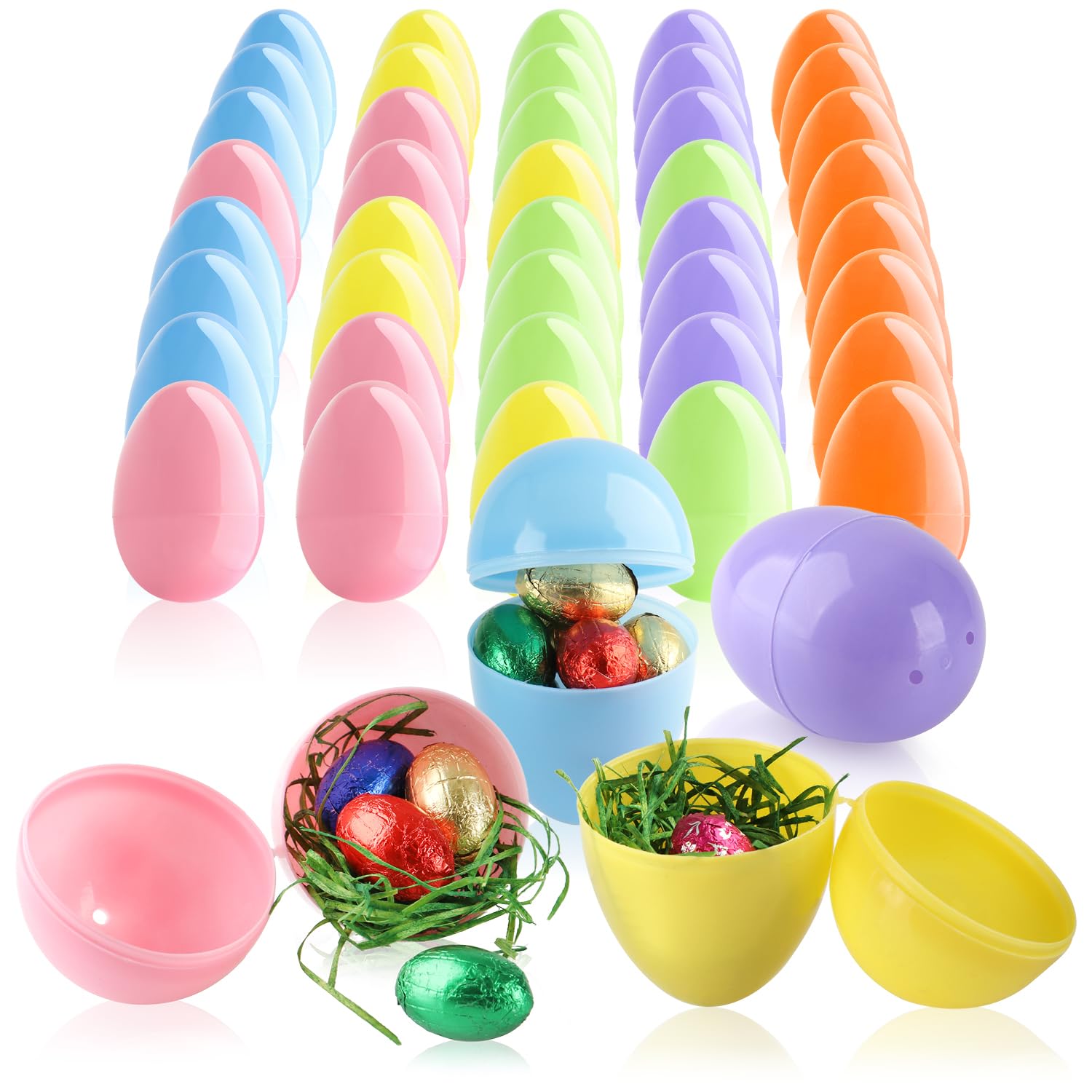 com-four® 48x Füllei - Bunte Plastikeier zum Befüllen und Aufhängen - Hohle Kunststoffeier zu Ostern - Leere Ostereier für Überraschungen und kleine Geschenke - Kunststoff-Hohlkörper (48x bunt)