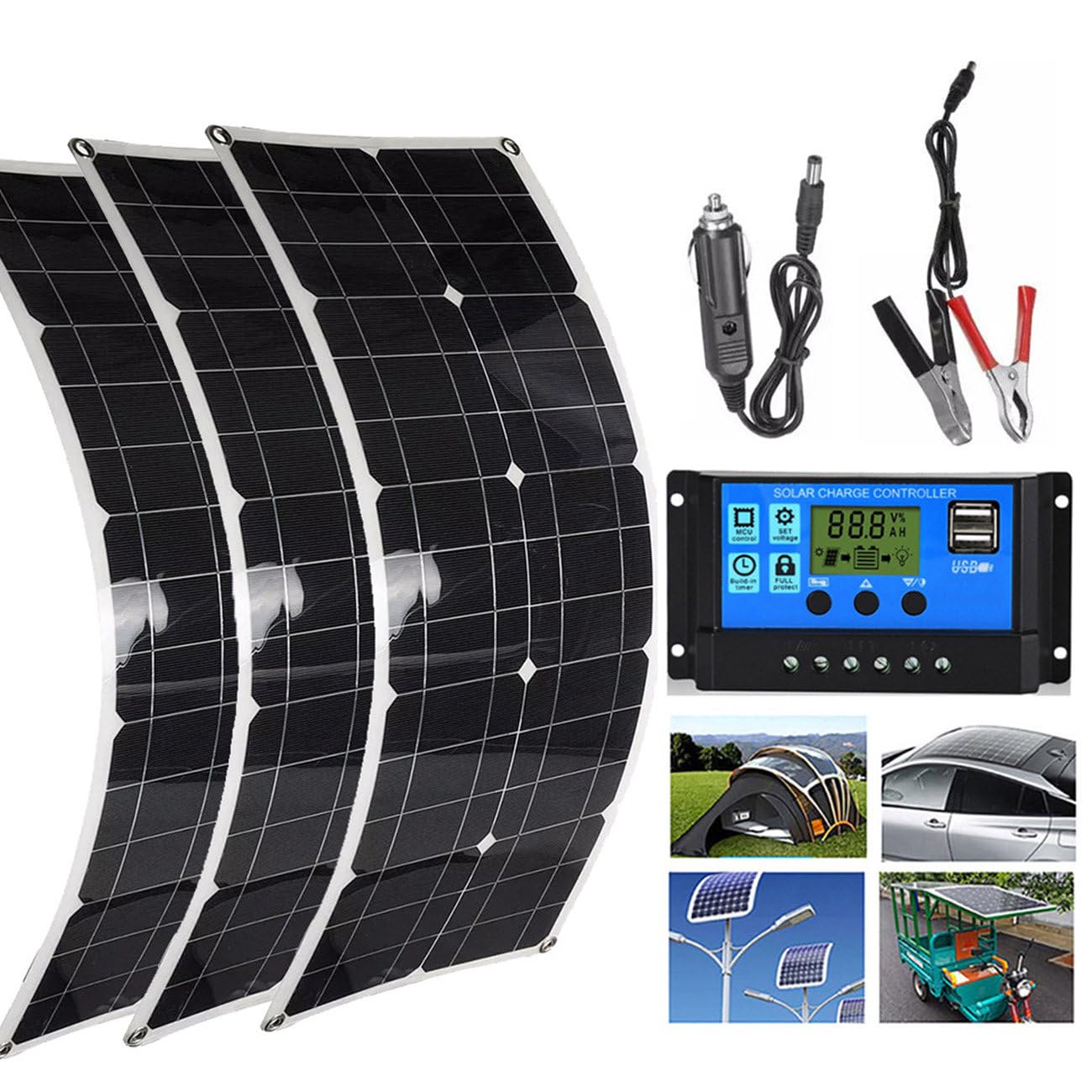 Pannello Solare Flessibile (100 W 200 W 300 W) + Controller 40 A, Caricabatterie Solare Con Alimentazione Usb 12 V Per Casa, Roulotte, Barca, Superfici Irregolari, Ultra Sottile/Impermeabile,3x100W
