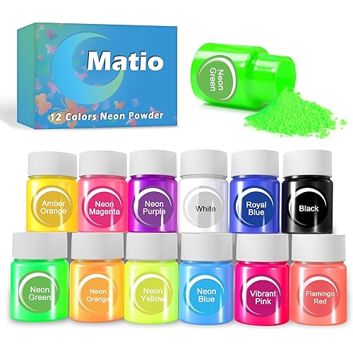 Matio Neon Pigment Powder, 12 Colors Fluorescent Mica Powder Set 10g/Bottle Bright Color Pigment for Epoxy Resin, Nails Art, Tumblers, Soap Making, Candle Dye, Painting, DIY Craft, Slime Pigment