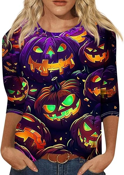 Cute Funny Halloween Shirts for Women Plus Size 3/4 Length Long Sleeve Womens Tops Witch Gothic Renaissance Shirt