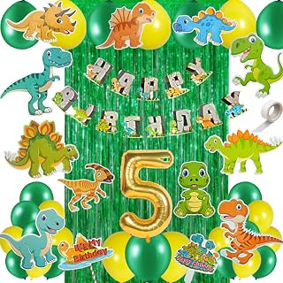 FI - FLICK IN Foil 50 pcs 5th Birthday Jungle Theme Decoration for Boys Dinosaur Safari Animals Curtain Cutouts Dino Animal 5th Birthday Decoration for Boys (Pack of 50, Multicolor)