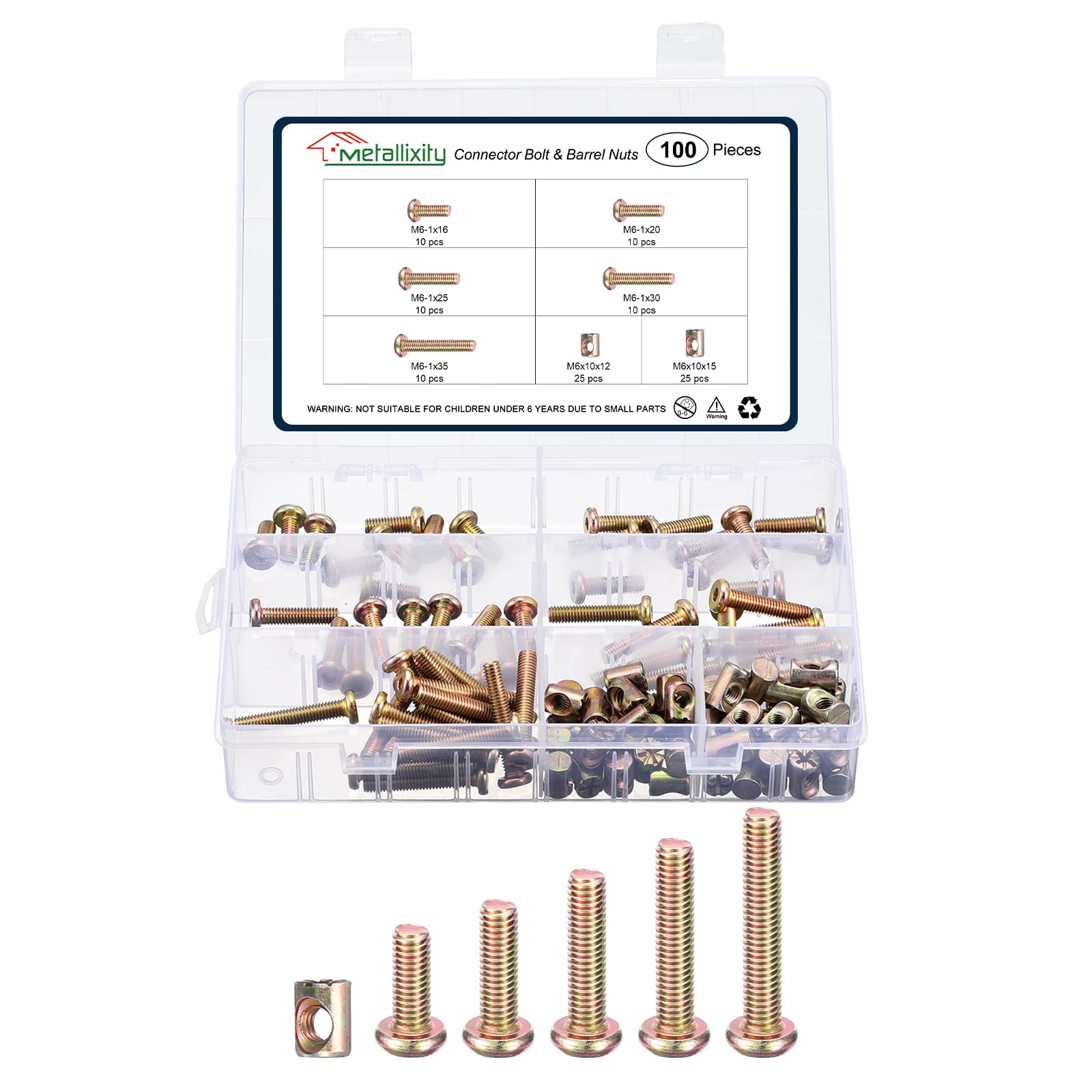 METALLIXITY Crib Screws Replacement Set(M6-1x16/20/25/30/35mm) 100Pcs, Connector Bolt M6 Screw Barrel Nuts Binding Screws, for Chair Cabinet Bed, Yellow