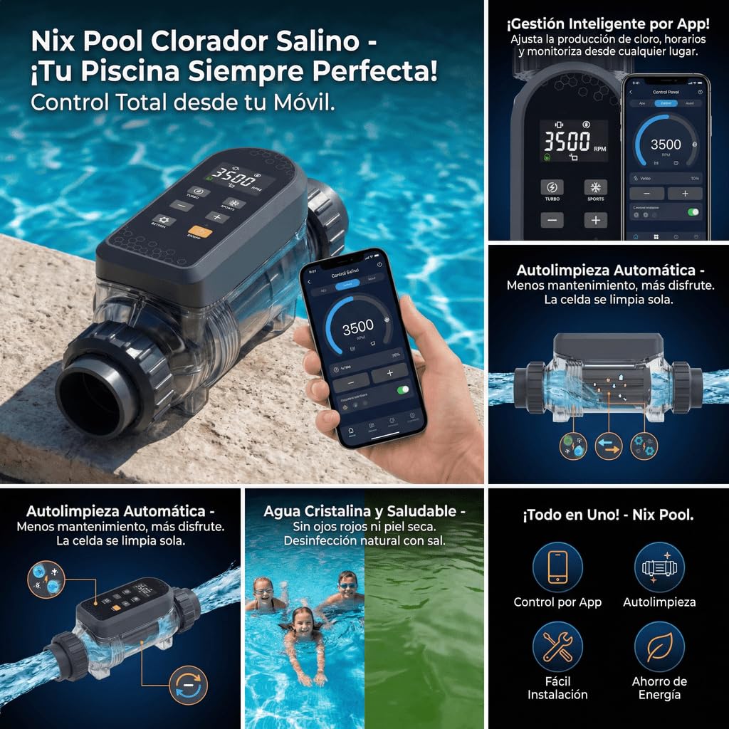 Nix Pool Clorador Salino para Piscinas con WiFi, Control por App, Desinfección de Piscinas por Electrólisis Salina, Control de pH (LC250A - 25 gr/h)