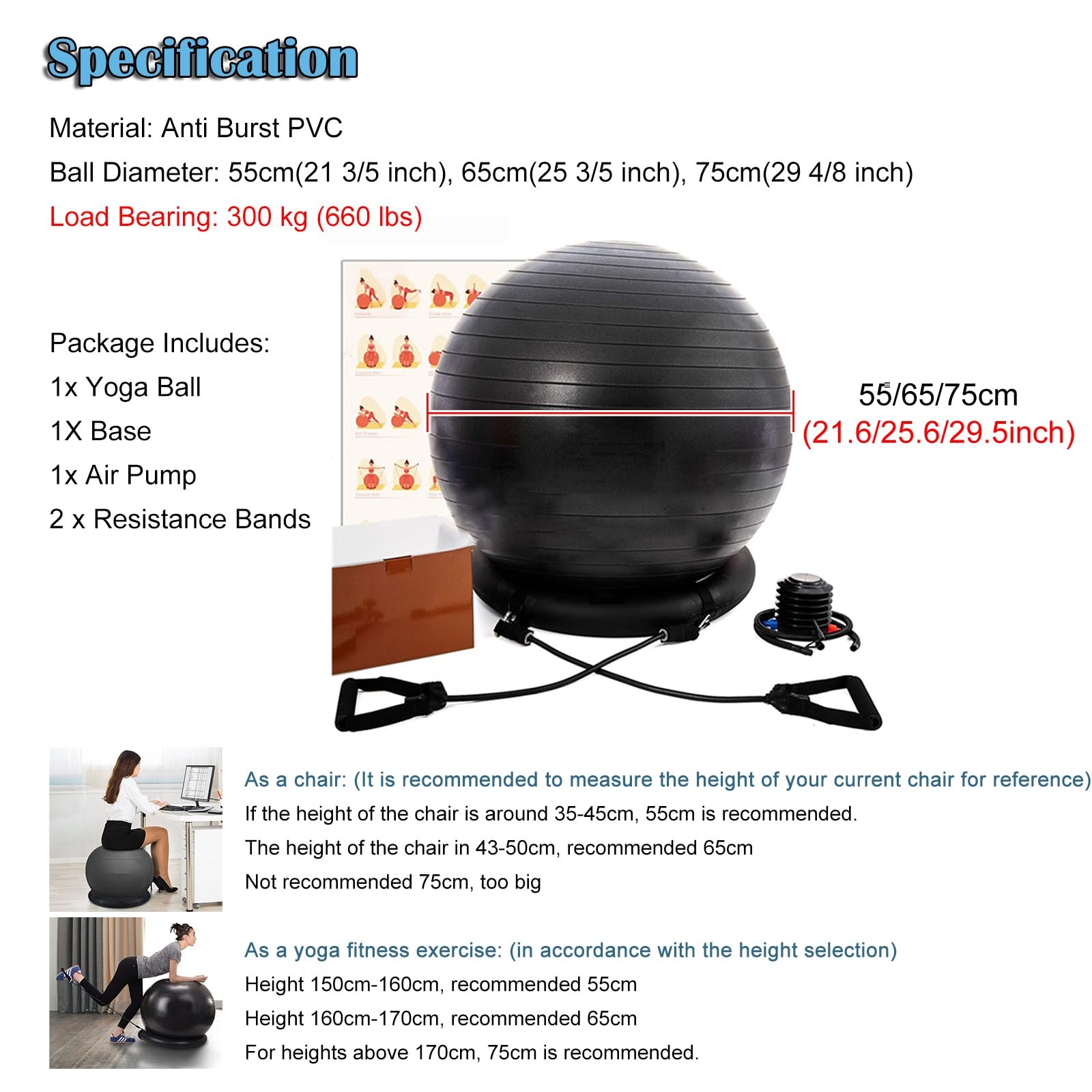 Yoga Ball Base with Resistance Bands, 55 65 75 CM Workout Balance/ Stability/ Exercise Balls Chairs for Core Strengthening Training, Gym Backless Body Sport Chair Sitting Ball(Diameter 55cm(21 3/5 inc