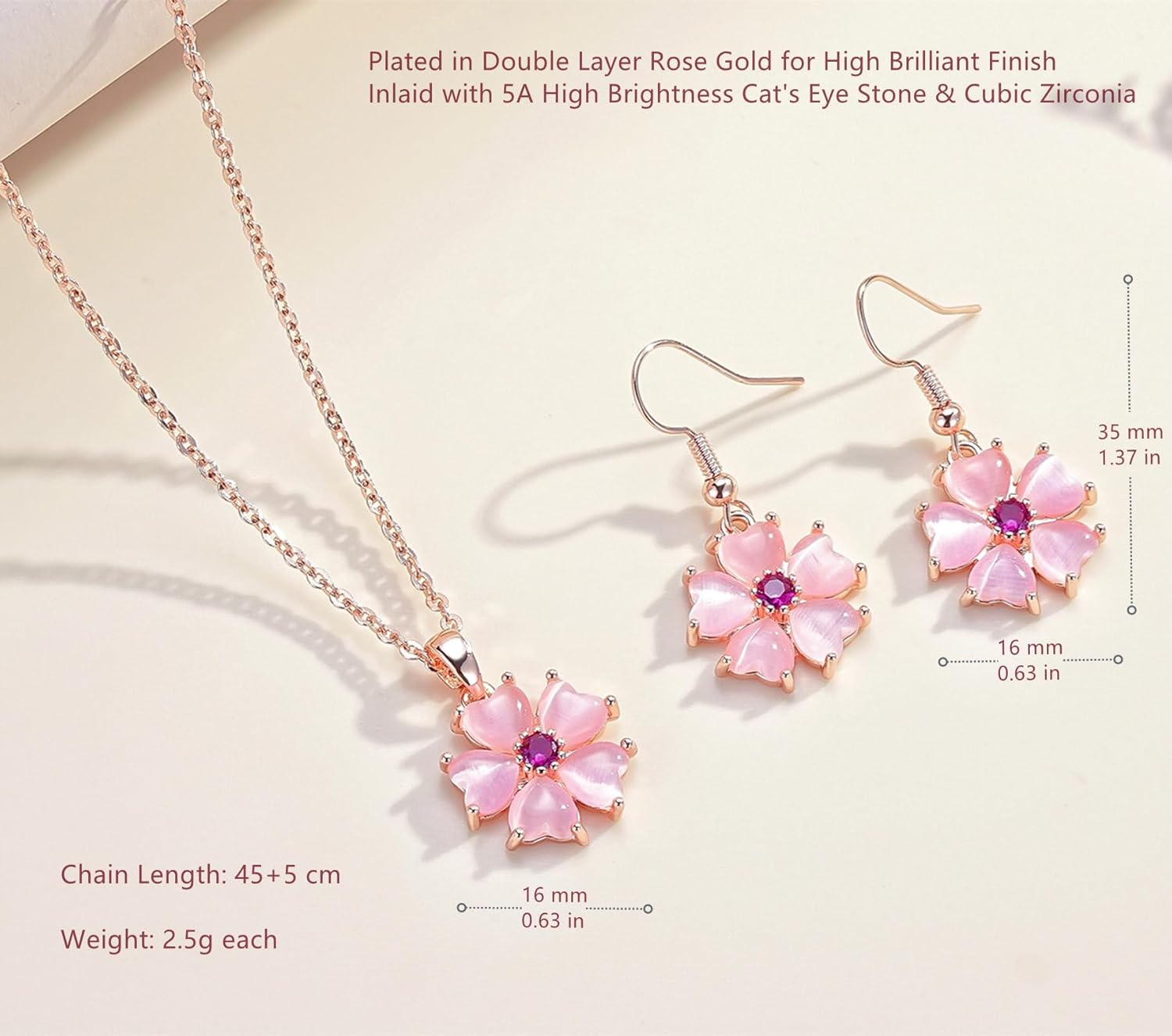 VONSSY Elegant Cherry Blossom Necklace Earrings Pink Cats Eye Flower Flora Sakura Gemstone Crystal Pendant 18k Gold Plated Chain Jewelry Set Gift for Woman Wife Girlfriend - Image 5