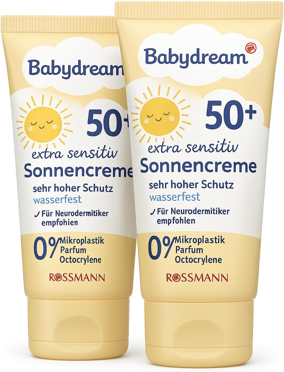 Babydream 50+ Extra Sensitive Sun Cream Pack of 2 (100 ml each), Waterproof Sun Protection for Sensitive Baby Skin, Without Microplastic, Perfume and Octocrylene, Suitable for Neurodermatitics