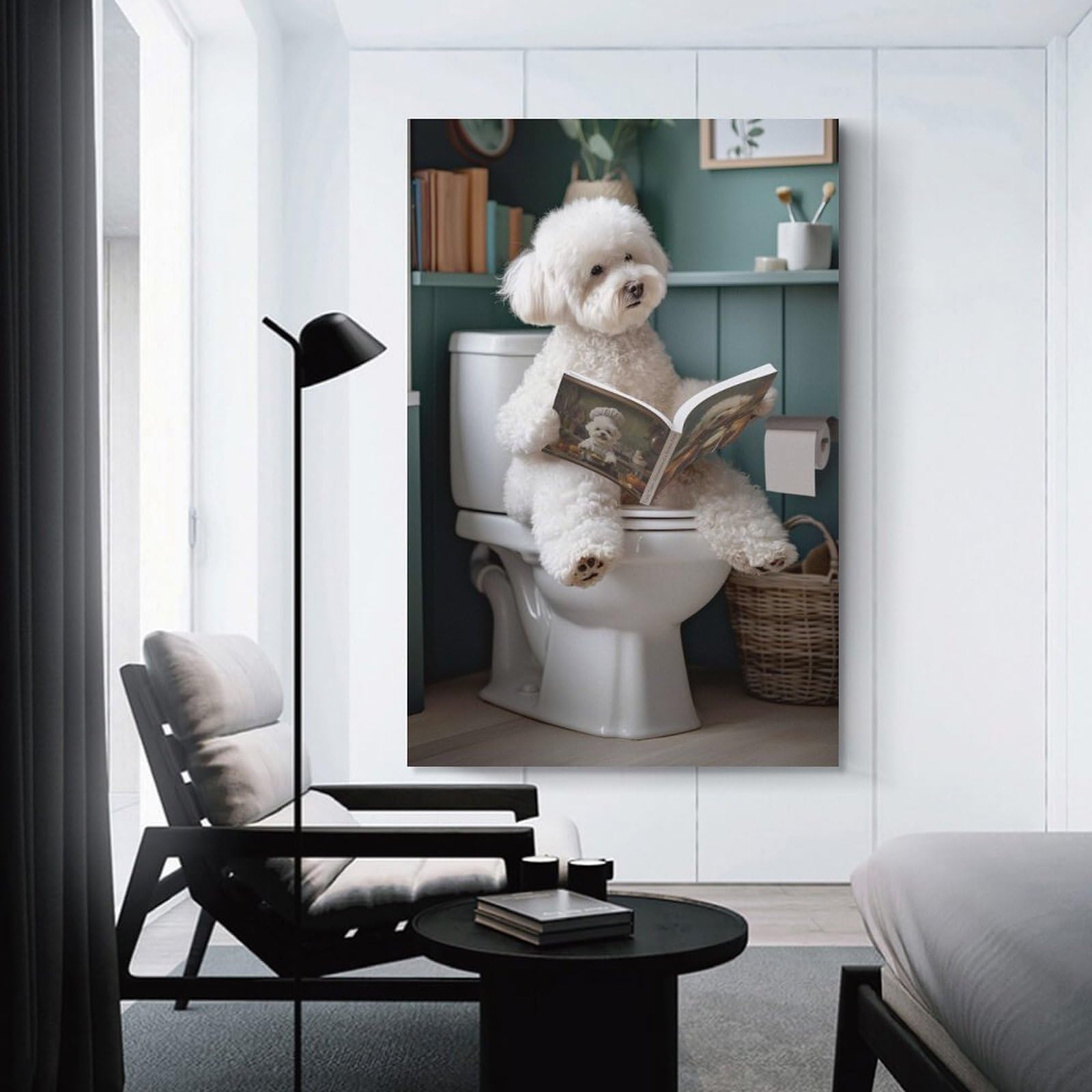 Junmoney Unframe-Style-11 Bichon Frise On The Toilet Room Decor Wall Art 08X12inch(20X30cm), For Entrance Walls, Hall Decor Or Foyers, A Neat Decor Update For Hallways