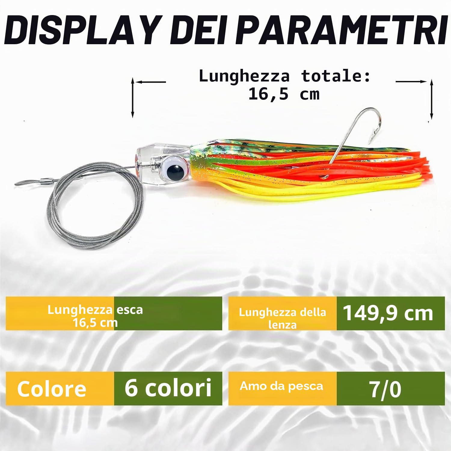 YOTO Esche da pesca a traina in acqua salata, 16,5 cm, 6 pezzi, con copertura per calamari, per pesca in acque profonde, tonno, marlin, wahoo, squalo, mahi